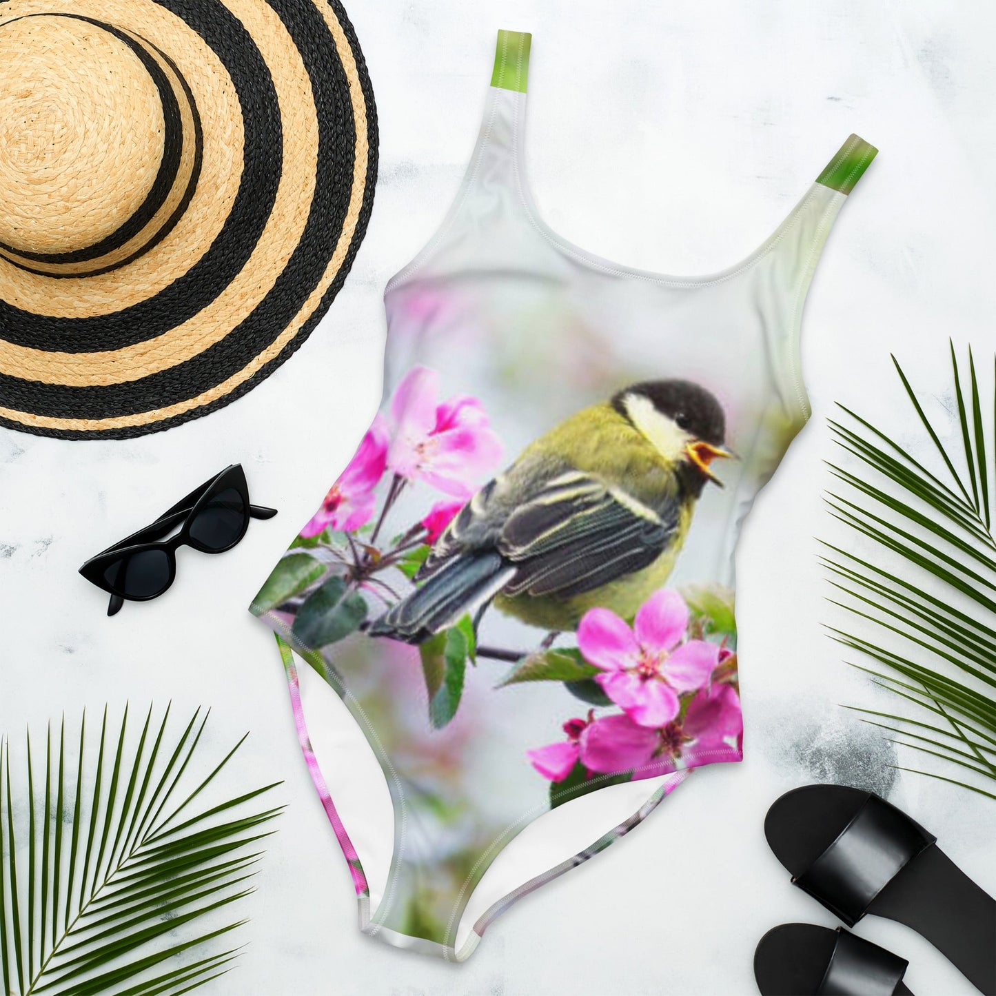 Women's One - Piece Swimsuit, Bird Pattern Swimwear, vacation swimwear, holiday travel swimwear - PratSN