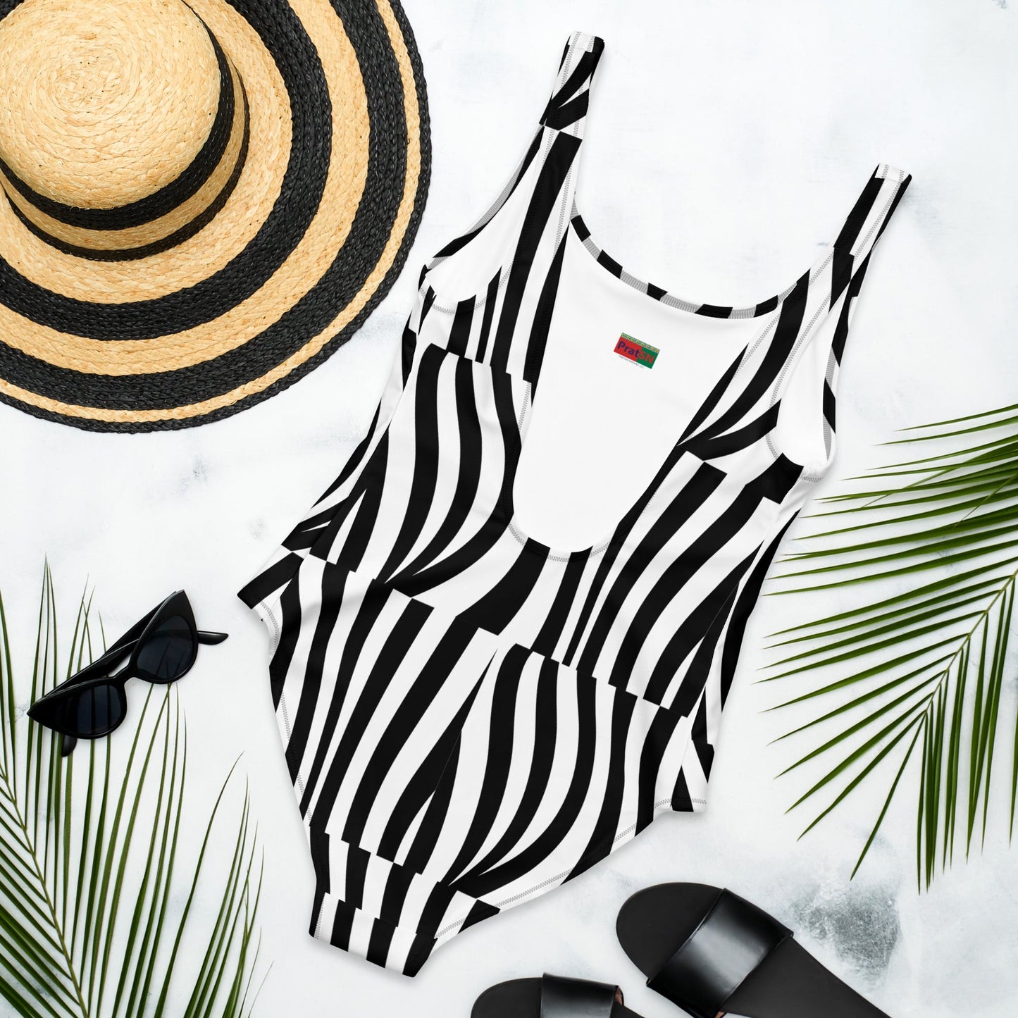 Women's One - Piece Swimsuit, Black White Bathing Suit, Summer Swimwear - PratSN