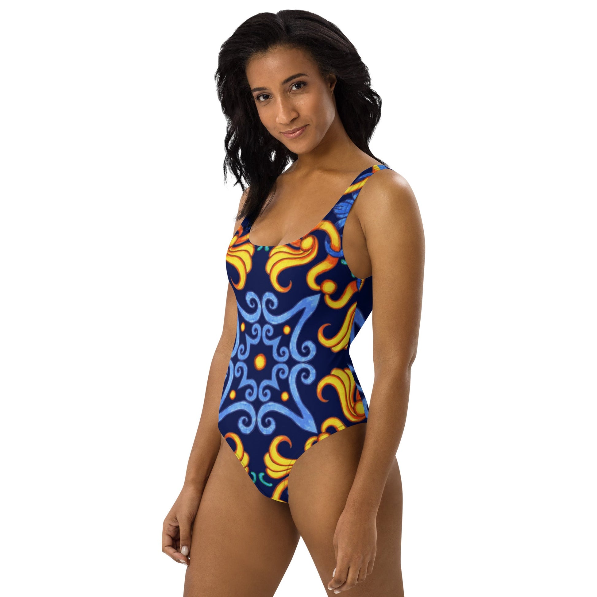 Women's One - Piece Swimsuit, Blue Yellow Swim Outfit, tankinis, Swimsuit, Beachwear, Bathing Suit - PratSN