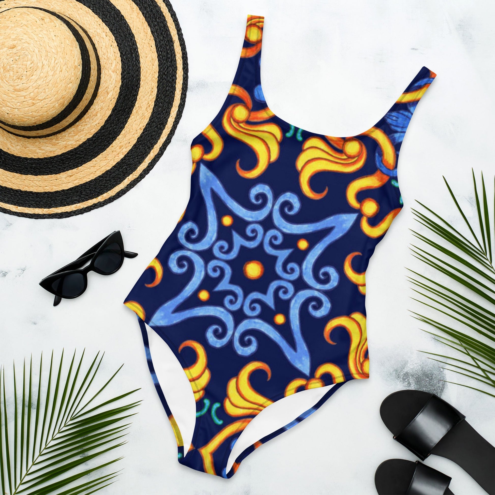 Women's One - Piece Swimsuit, Blue Yellow Swim Outfit, tankinis, Swimsuit, Beachwear, Bathing Suit - PratSN