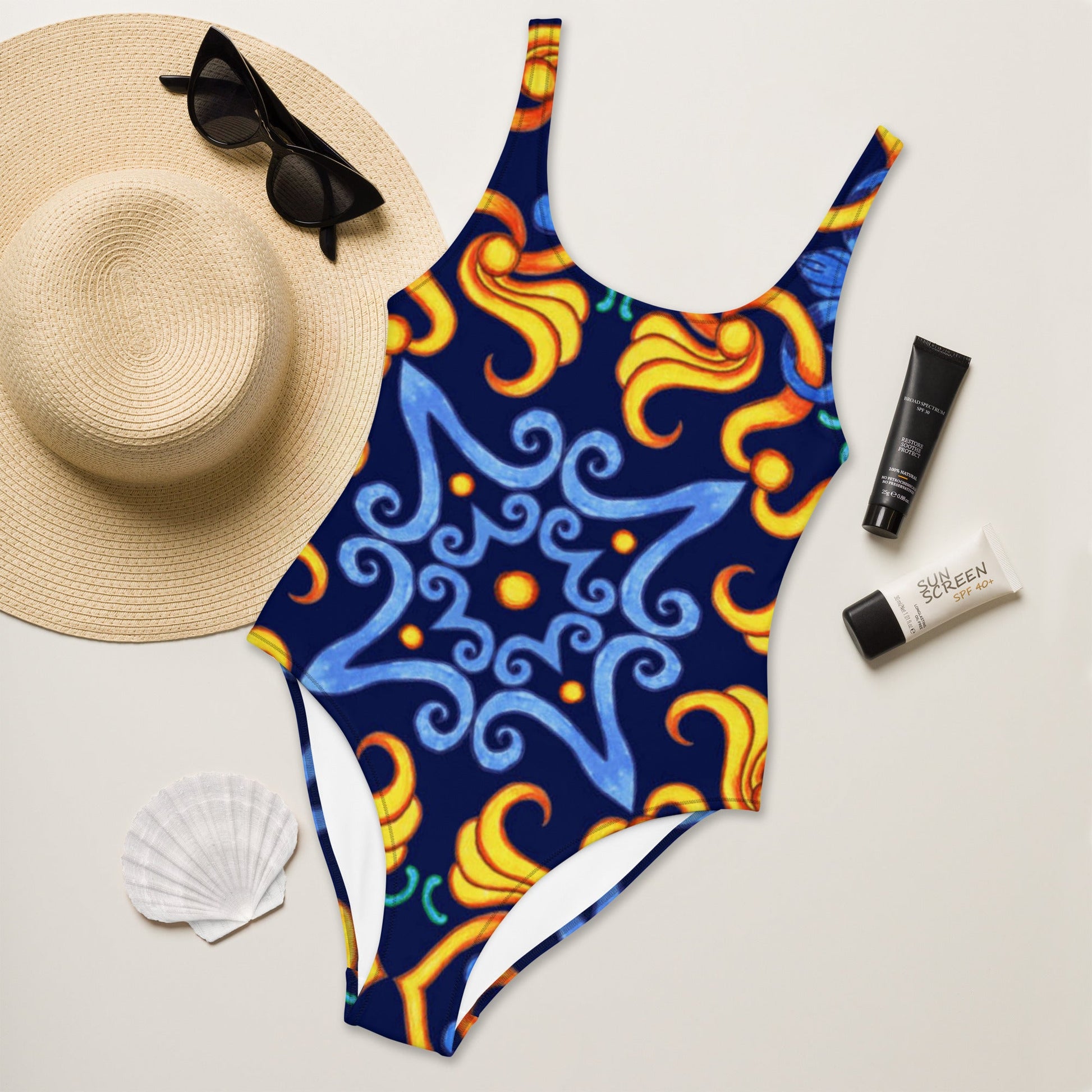 Women's One - Piece Swimsuit, Blue Yellow Swim Outfit, tankinis, Swimsuit, Beachwear, Bathing Suit - PratSN