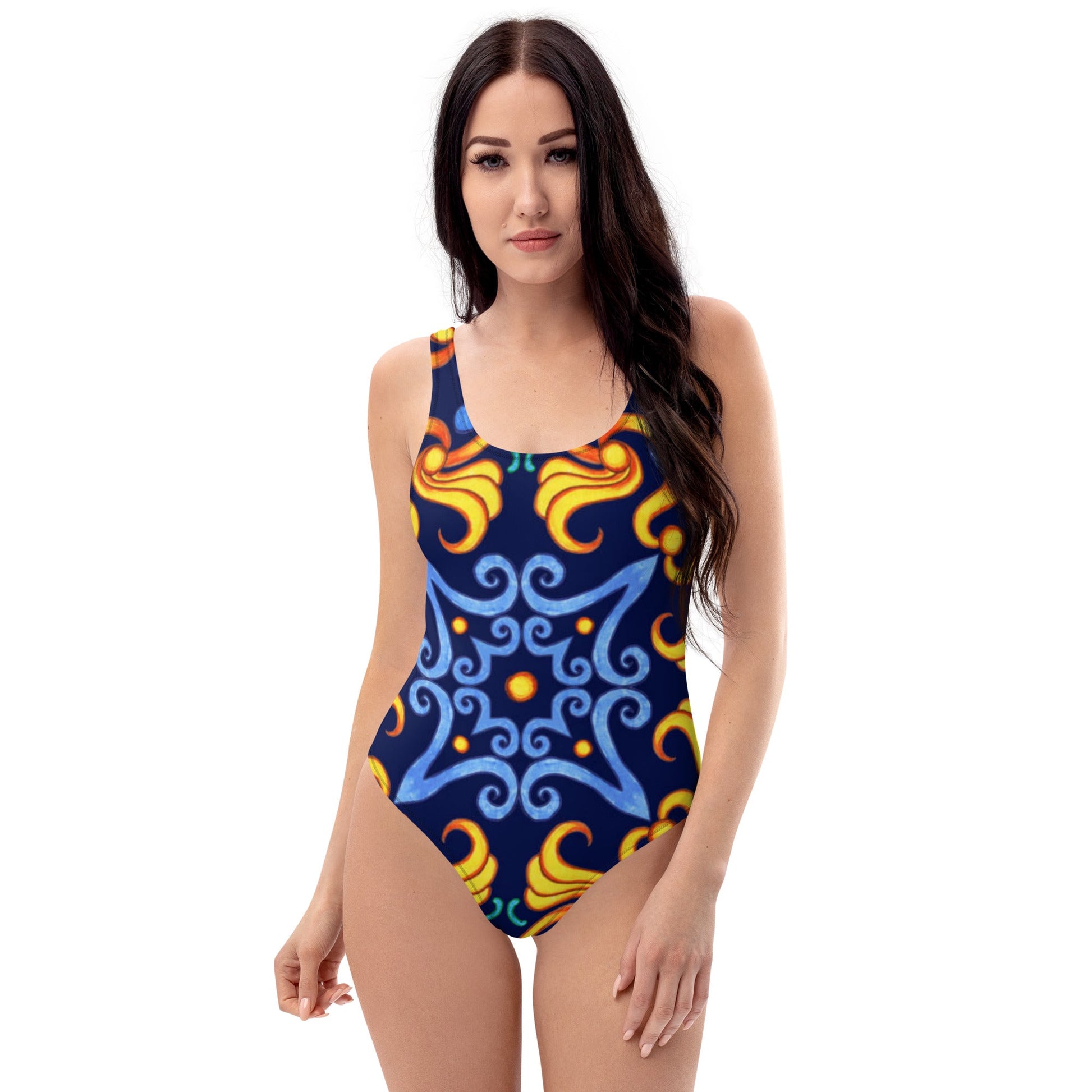 Women's One - Piece Swimsuit, Blue Yellow Swim Outfit, tankinis, Swimsuit, Beachwear, Bathing Suit - PratSN