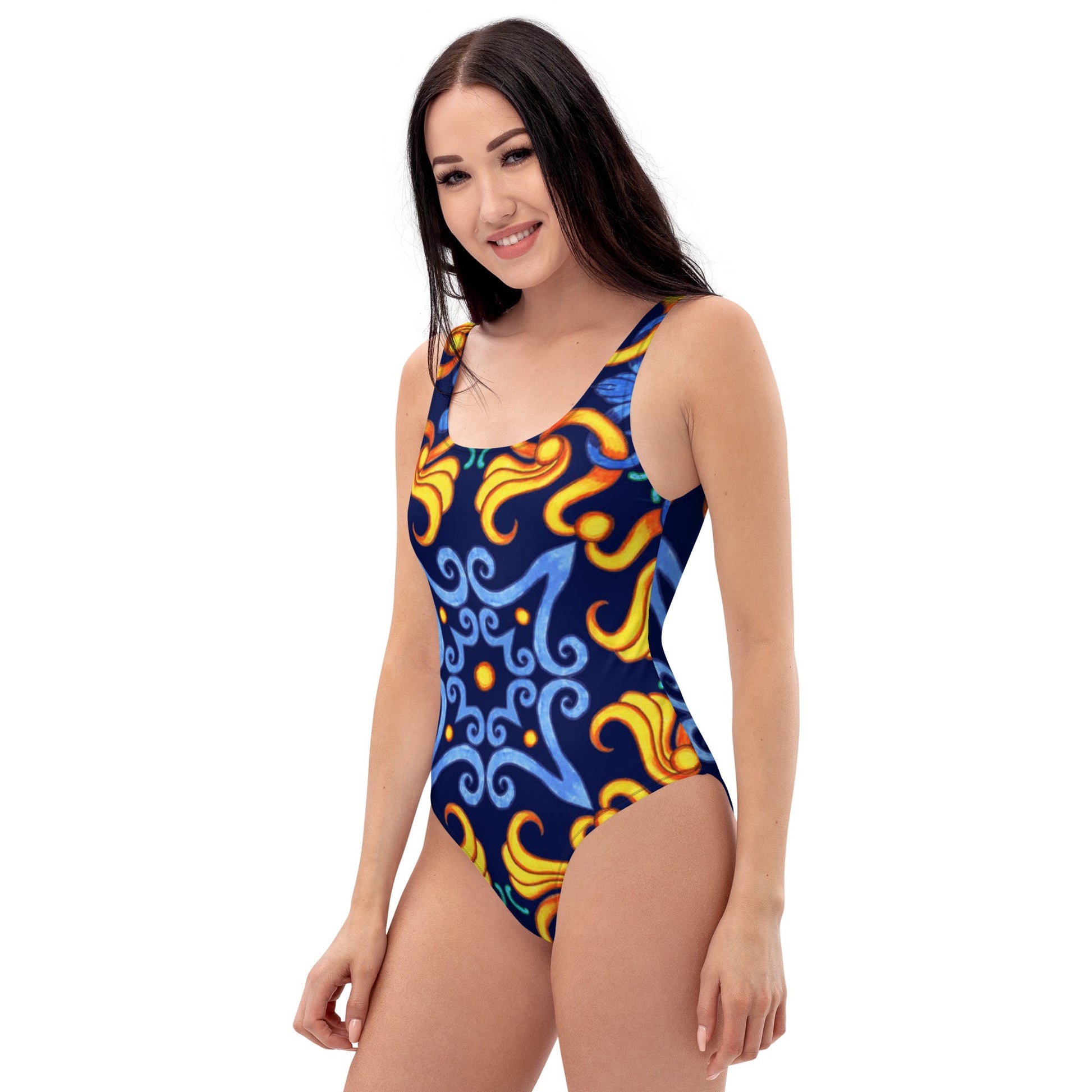 Women's One - Piece Swimsuit, Blue Yellow Swim Outfit, tankinis, Swimsuit, Beachwear, Bathing Suit - PratSN