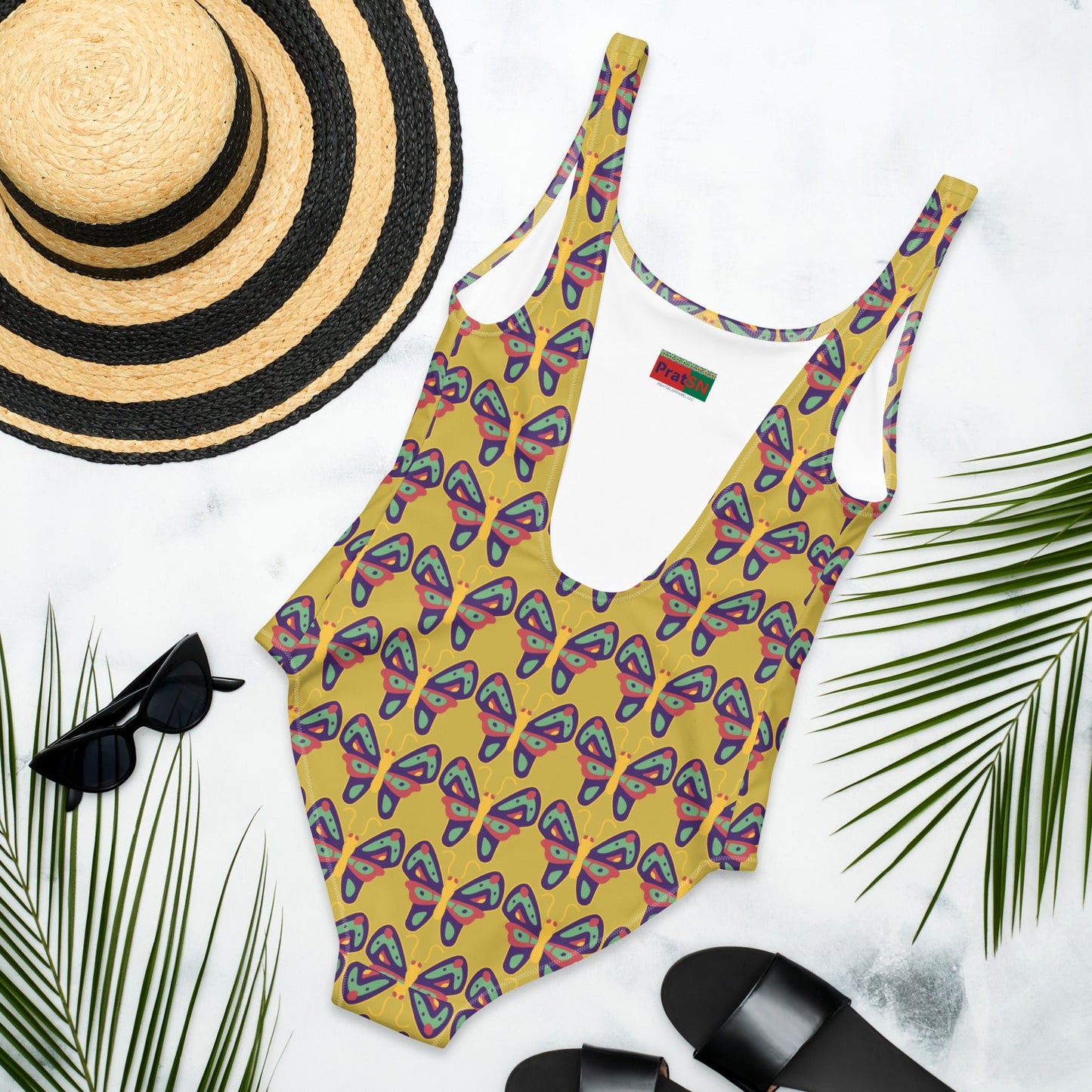 Women's One - Piece Swimsuit, Colorful butterfly pattern, Old Gold Swimwear - PratSN