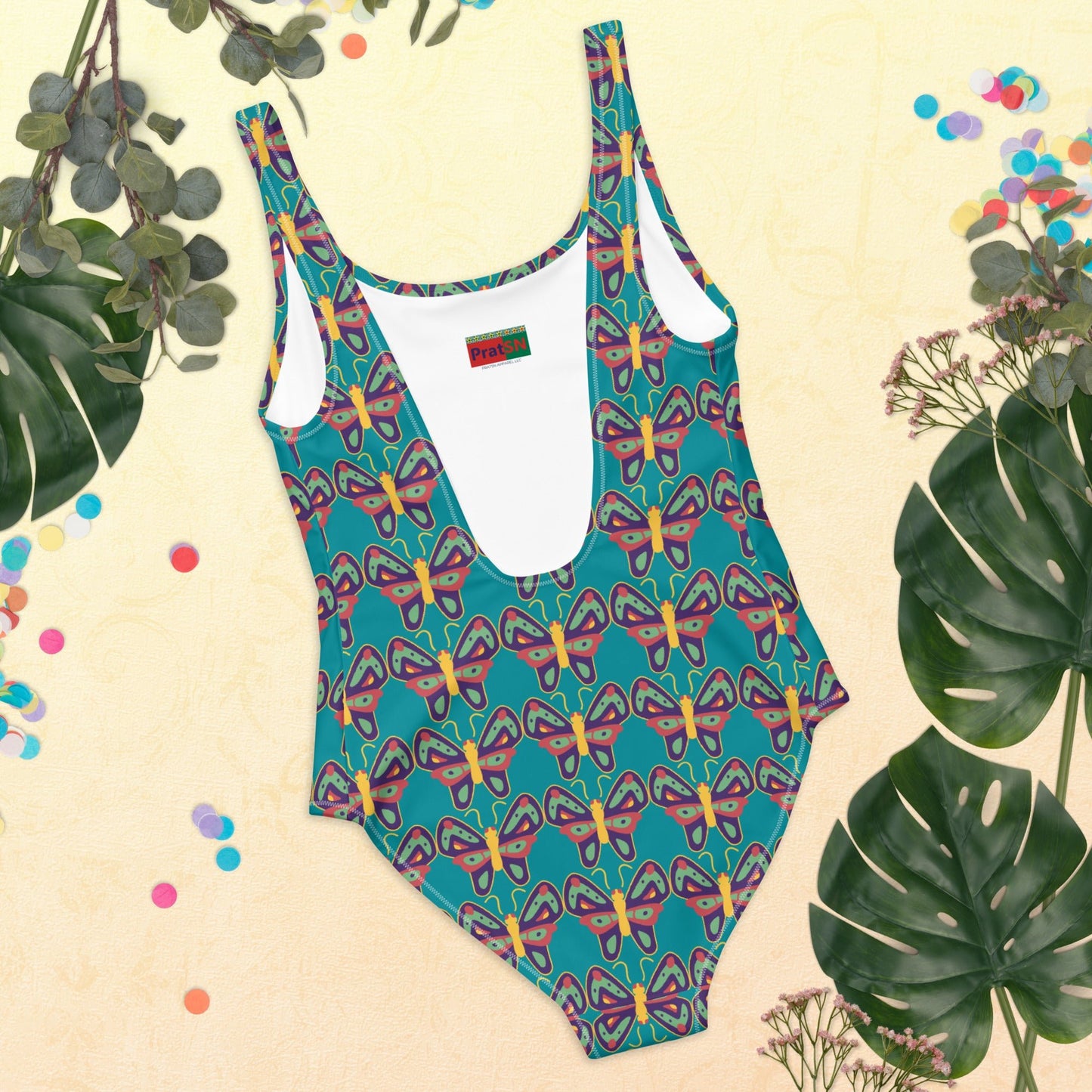 Women's One - Piece Swimsuit, Eastern Blue Swimwear, Colorful Butterfly Pattern, Bathing suit - PratSN