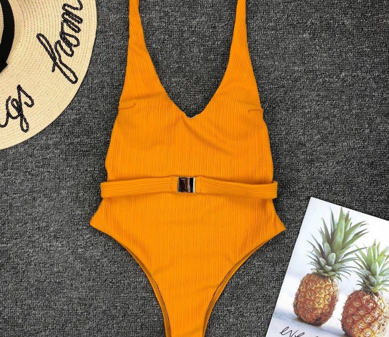 Women'S One - Piece Swimsuit European And American Solid Color Special Fabric Belt Buckle One - Piece Bikini - PratSN
