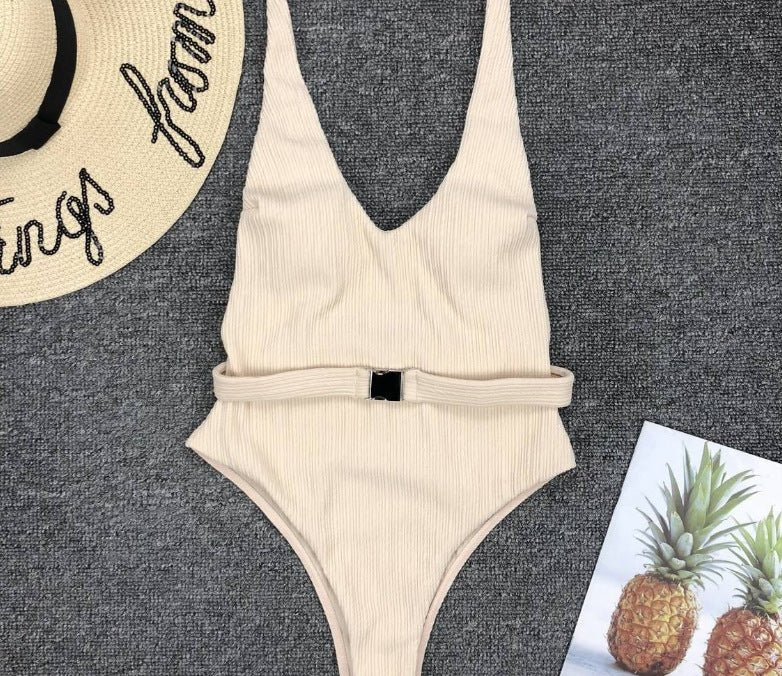 Women'S One - Piece Swimsuit European And American Solid Color Special Fabric Belt Buckle One - Piece Bikini - PratSN