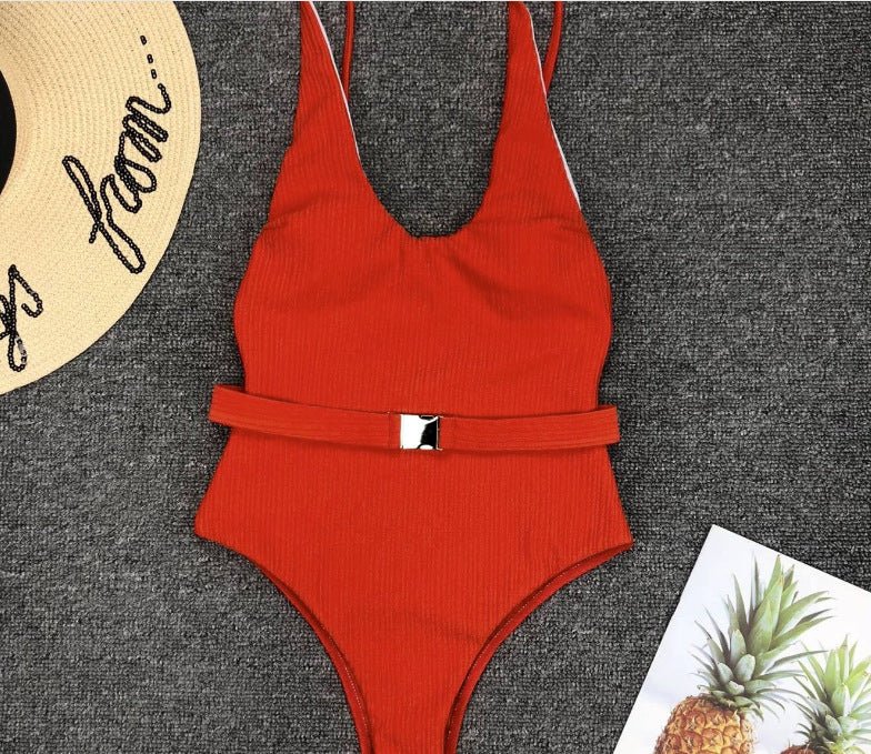 Women'S One - Piece Swimsuit European And American Solid Color Special Fabric Belt Buckle One - Piece Bikini - PratSN