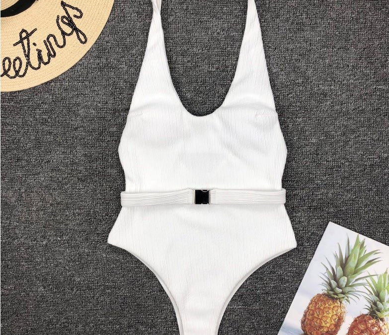 Women'S One - Piece Swimsuit European And American Solid Color Special Fabric Belt Buckle One - Piece Bikini - PratSN