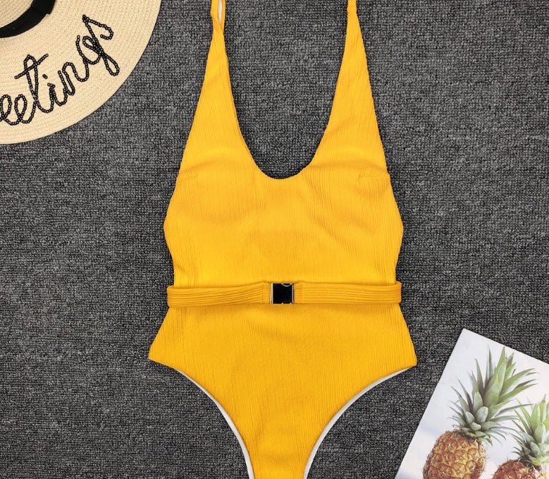 Women'S One - Piece Swimsuit European And American Solid Color Special Fabric Belt Buckle One - Piece Bikini - PratSN