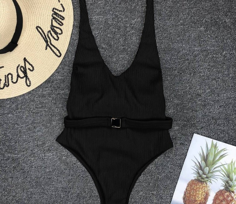 Women'S One - Piece Swimsuit European And American Solid Color Special Fabric Belt Buckle One - Piece Bikini - PratSN