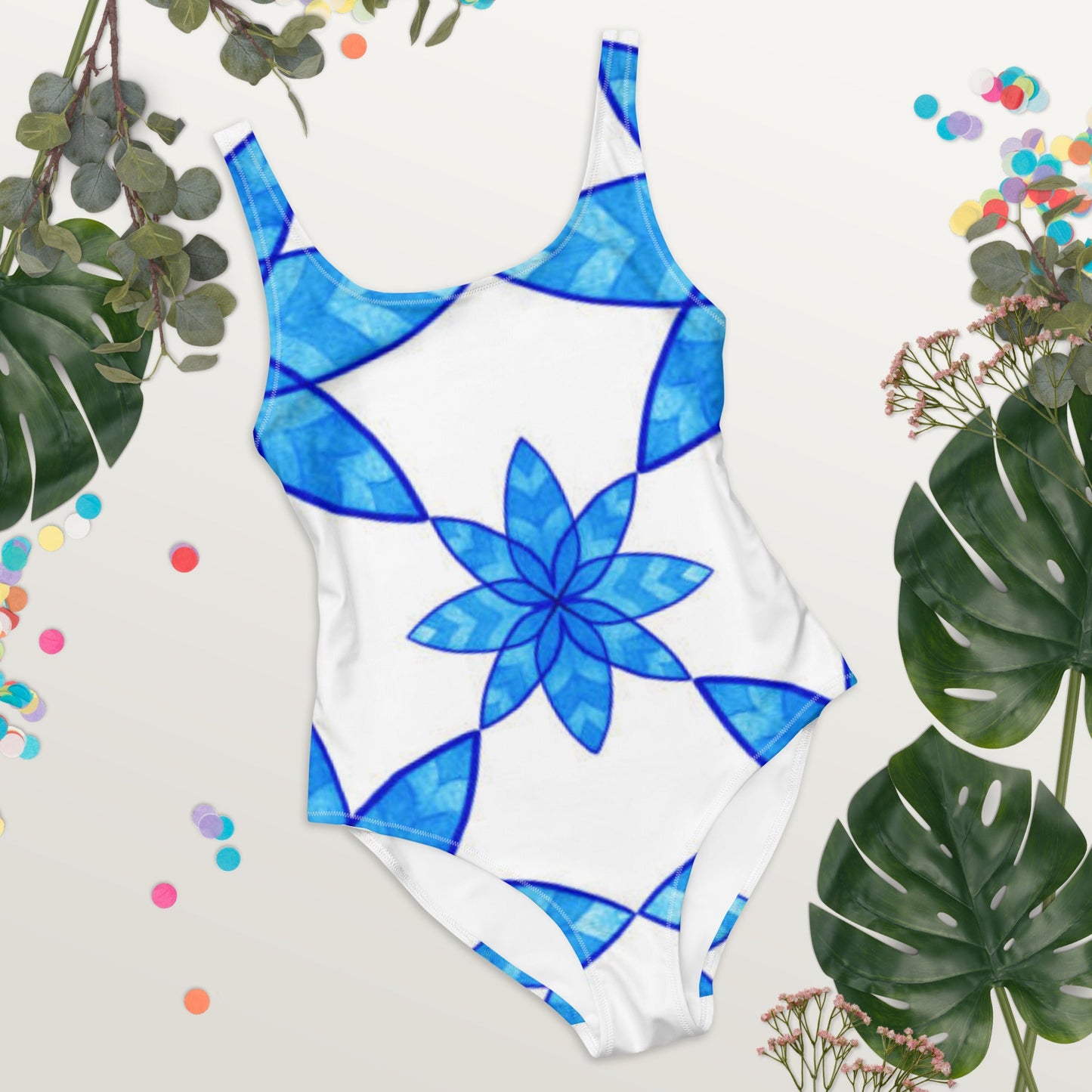 Women's One - Piece Swimsuit, Floral Blue and White Swimwear, bathing suits, Swimming Suits. - PratSN