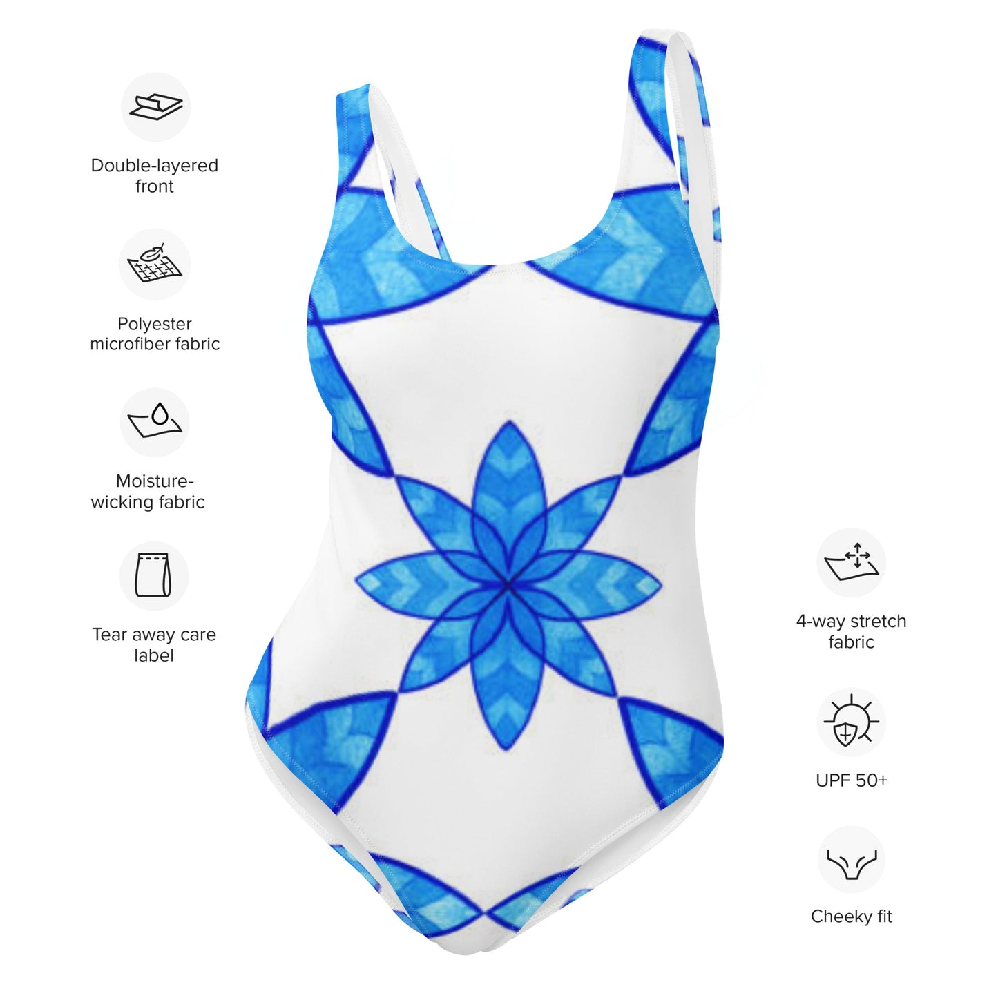 Women's One - Piece Swimsuit, Floral Blue and White Swimwear, bathing suits, Swimming Suits. - PratSN