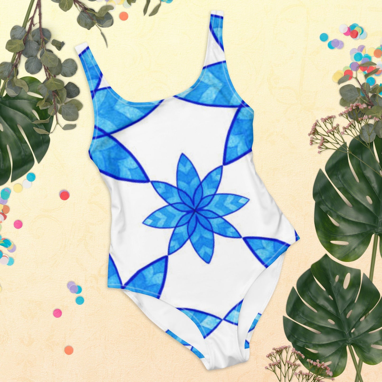 Women's One - Piece Swimsuit, Floral Blue and White Swimwear, bathing suits, Swimming Suits. - PratSN