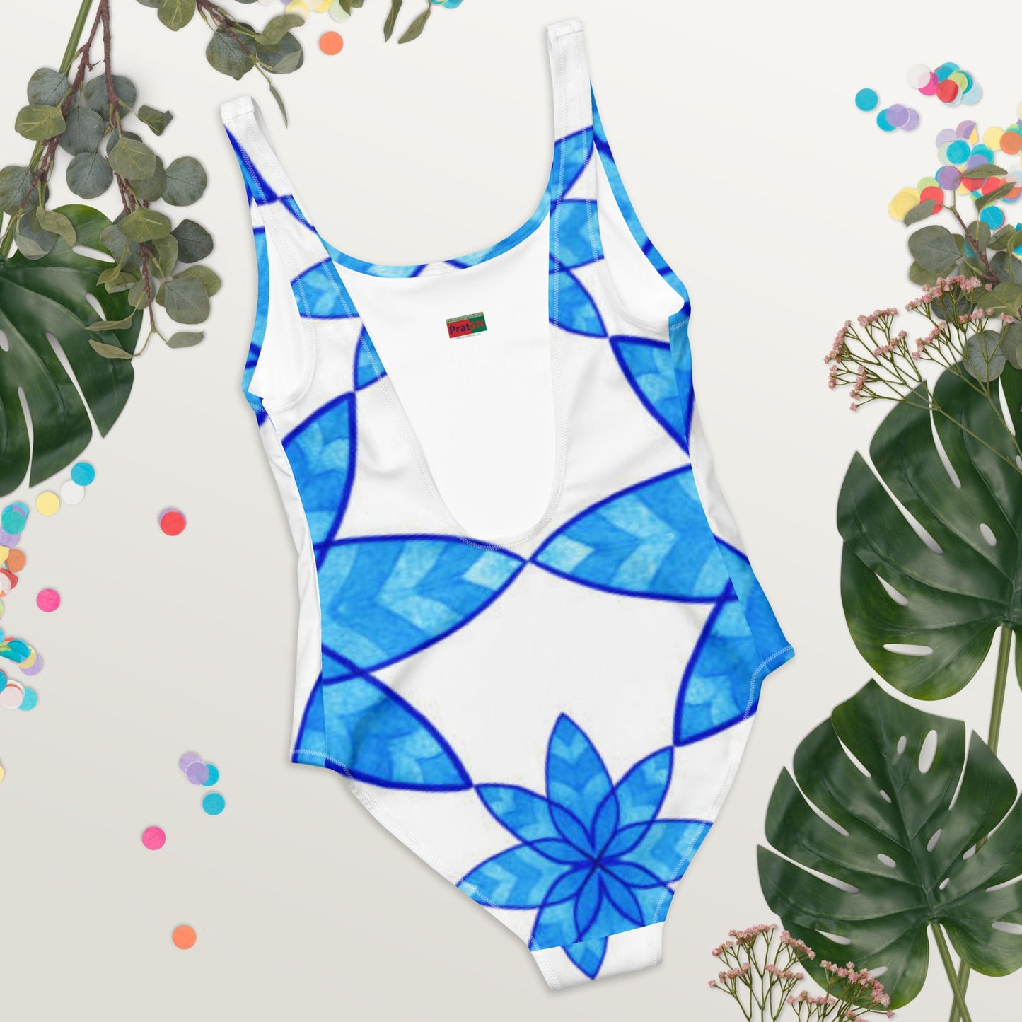 Women's One - Piece Swimsuit, Floral Blue and White Swimwear, bathing suits, Swimming Suits. - PratSN