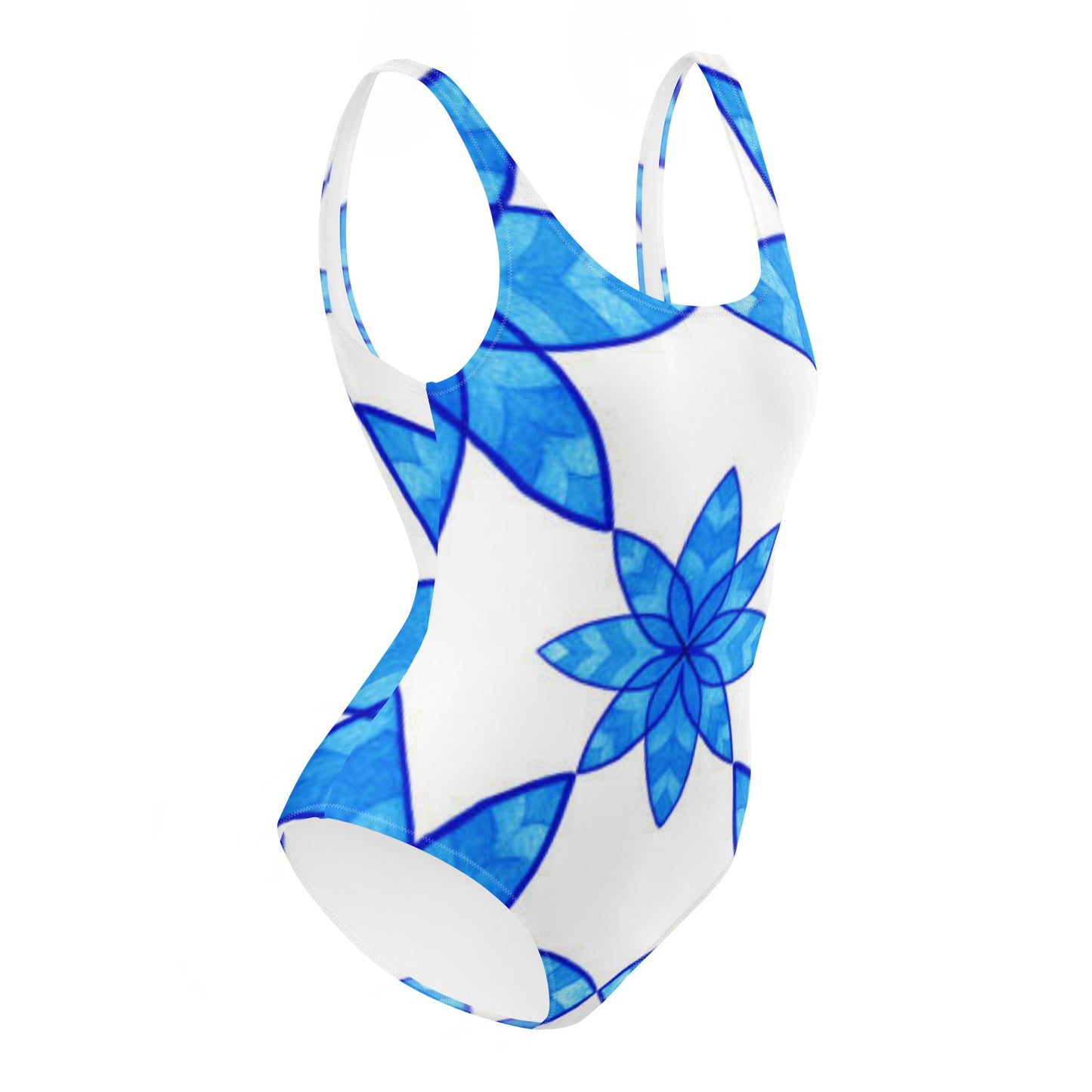 Women's One - Piece Swimsuit, Floral Blue and White Swimwear, bathing suits, Swimming Suits. - PratSN