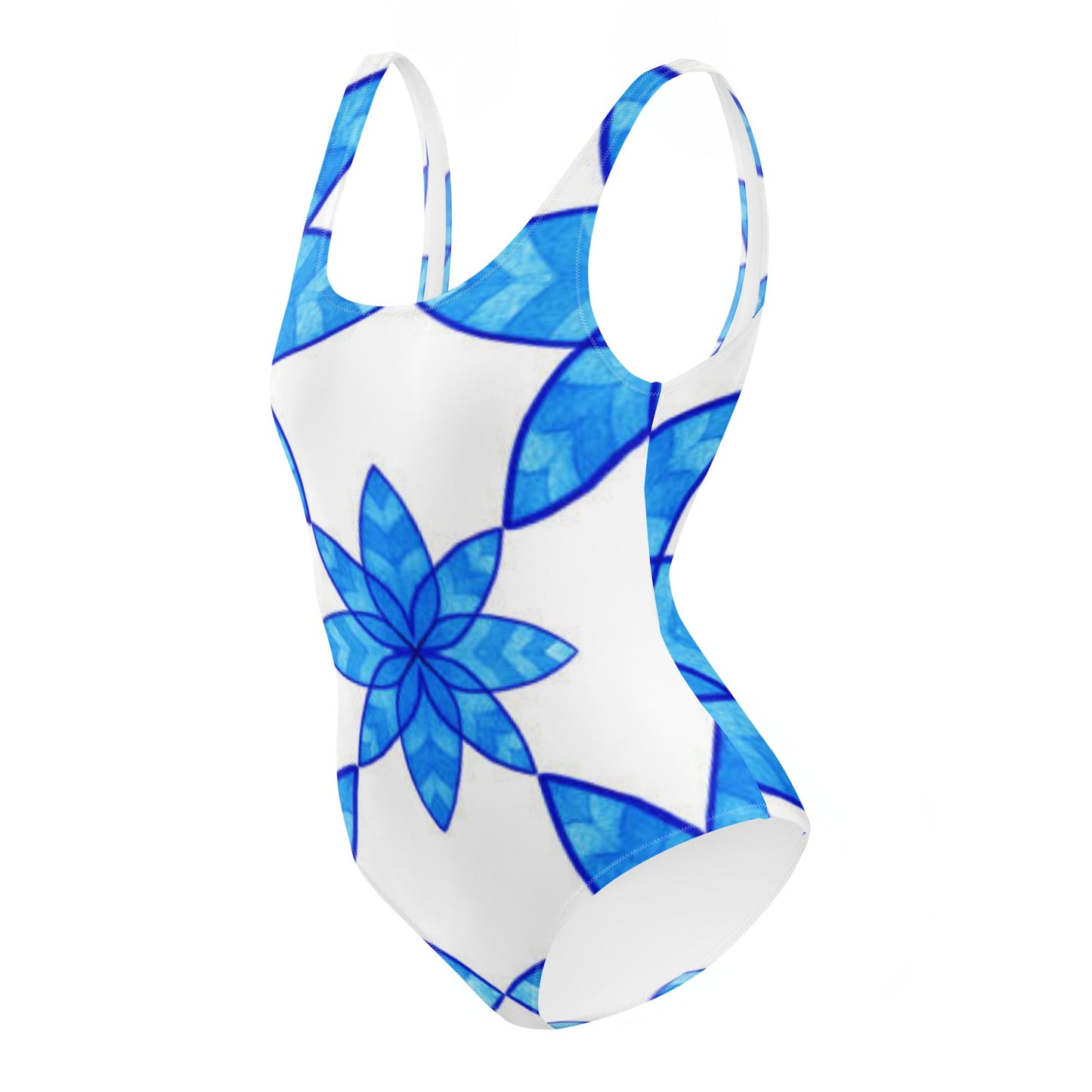 Women's One - Piece Swimsuit, Floral Blue and White Swimwear, bathing suits, Swimming Suits. - PratSN