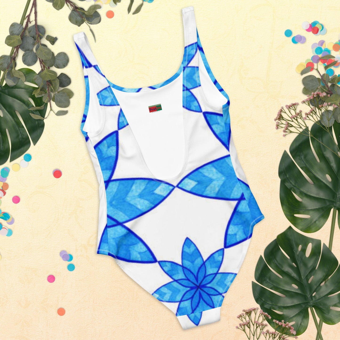 Women's One - Piece Swimsuit, Floral Blue and White Swimwear, bathing suits, Swimming Suits. - PratSN