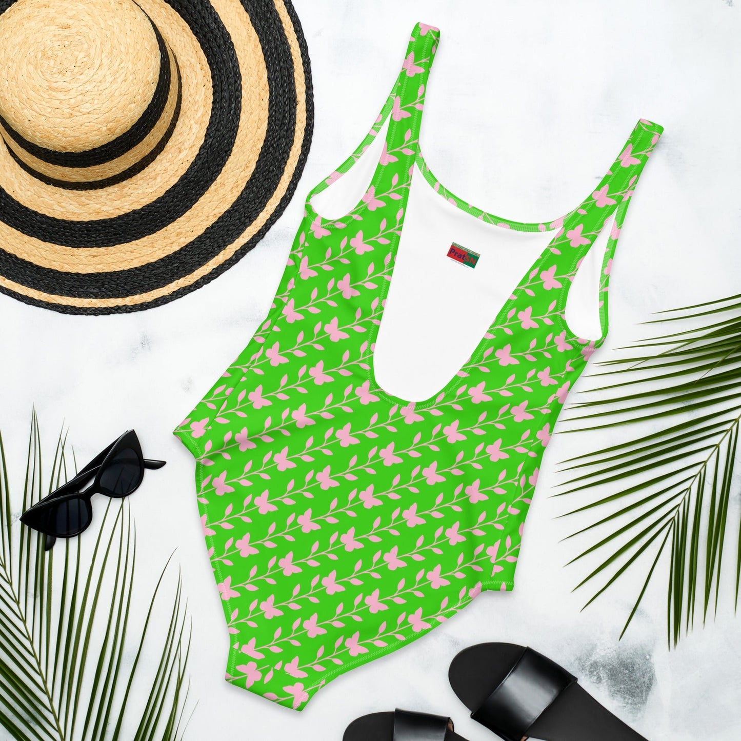 women's One - Piece Swimsuit, Green Pink Swimwear, Bathing Suit, Summer Dress - PratSN