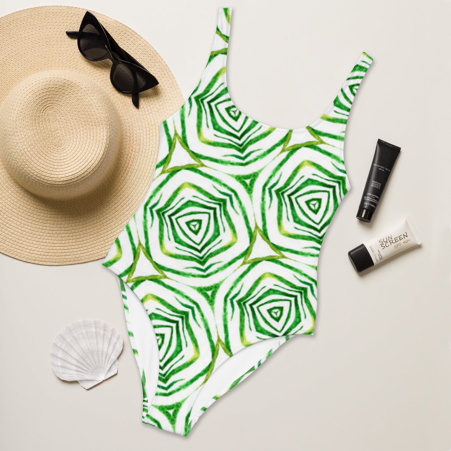 Women's One - Piece Swimsuit, Green White Bathing Suit, Bathing Suit, vacation swimwear, holiday travel swimwear, mothers day gift - PratSN