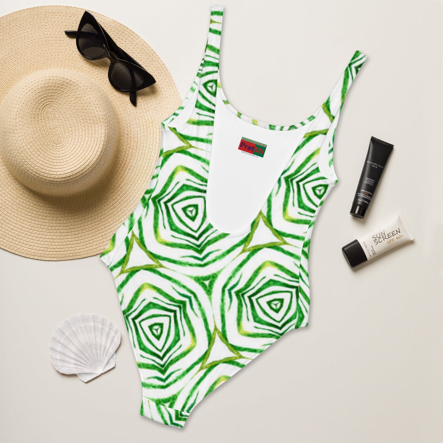Women's One - Piece Swimsuit, Green White Bathing Suit, Bathing Suit, vacation swimwear, holiday travel swimwear, mothers day gift - PratSN