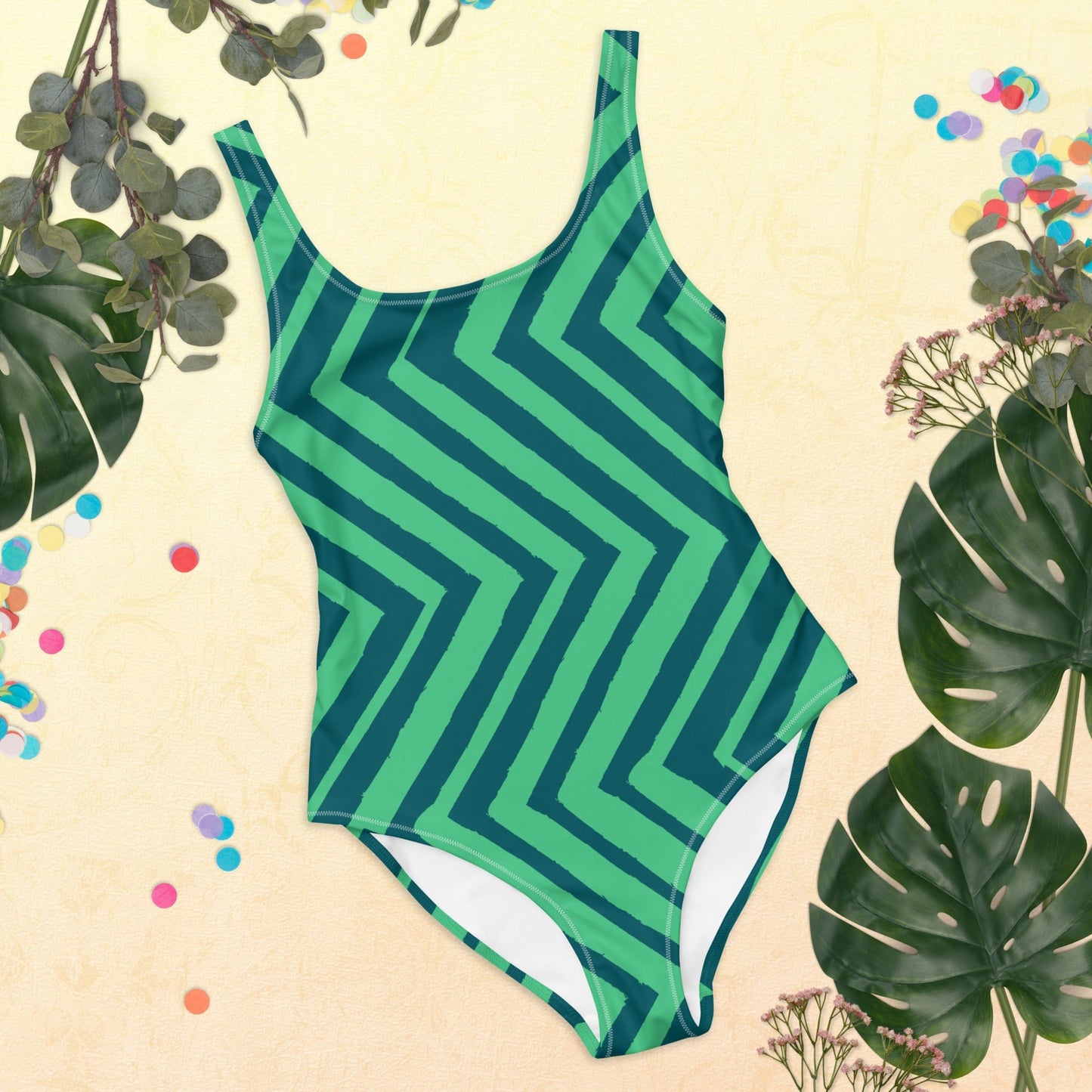 Women's One - Piece Swimsuit, Green zingzags Swimwear, Bathing Suit - PratSN