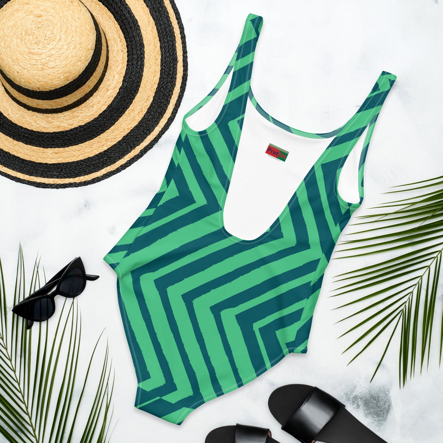 Women's One - Piece Swimsuit, Green zingzags Swimwear, Bathing Suit - PratSN
