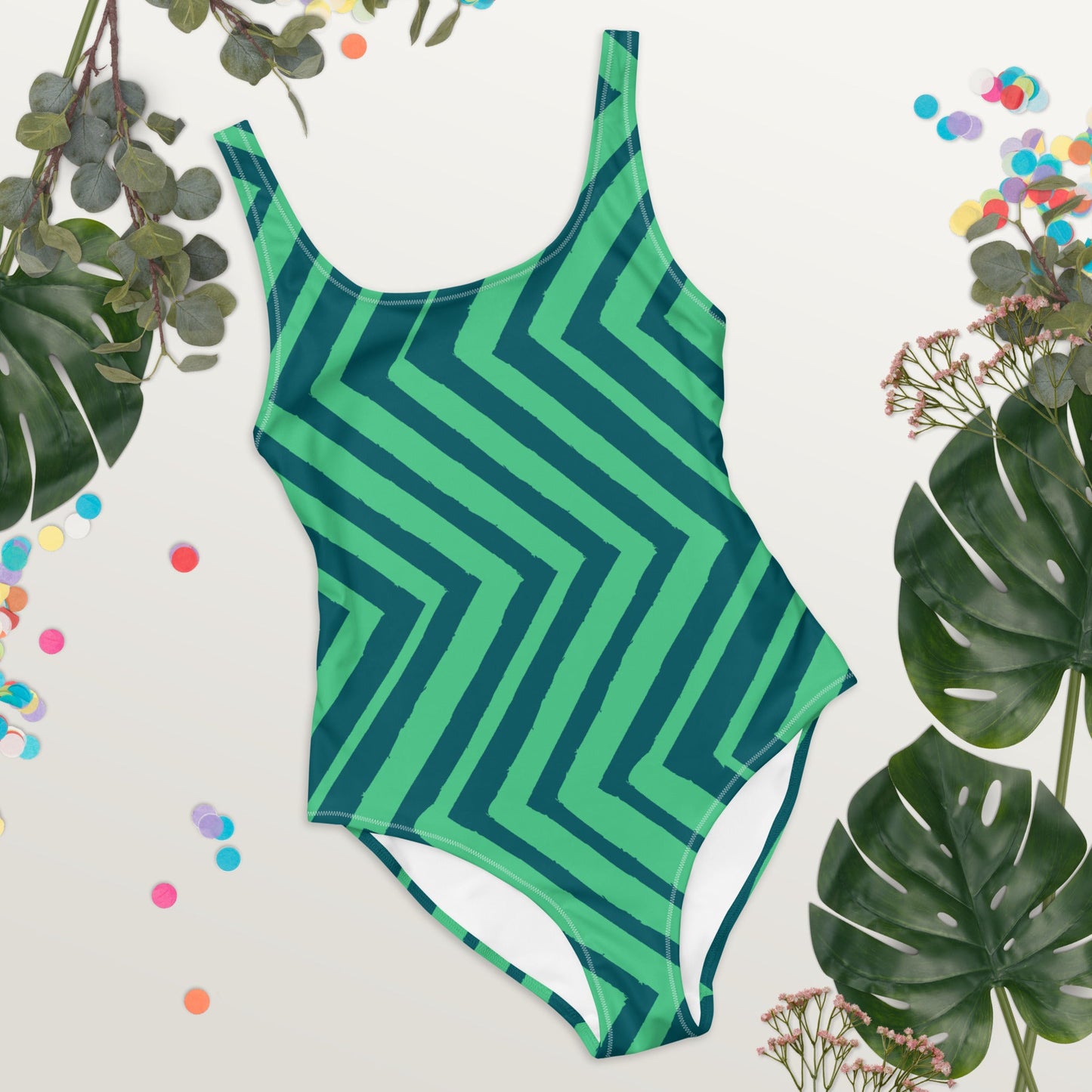 Women's One - Piece Swimsuit, Green zingzags Swimwear, Bathing Suit - PratSN