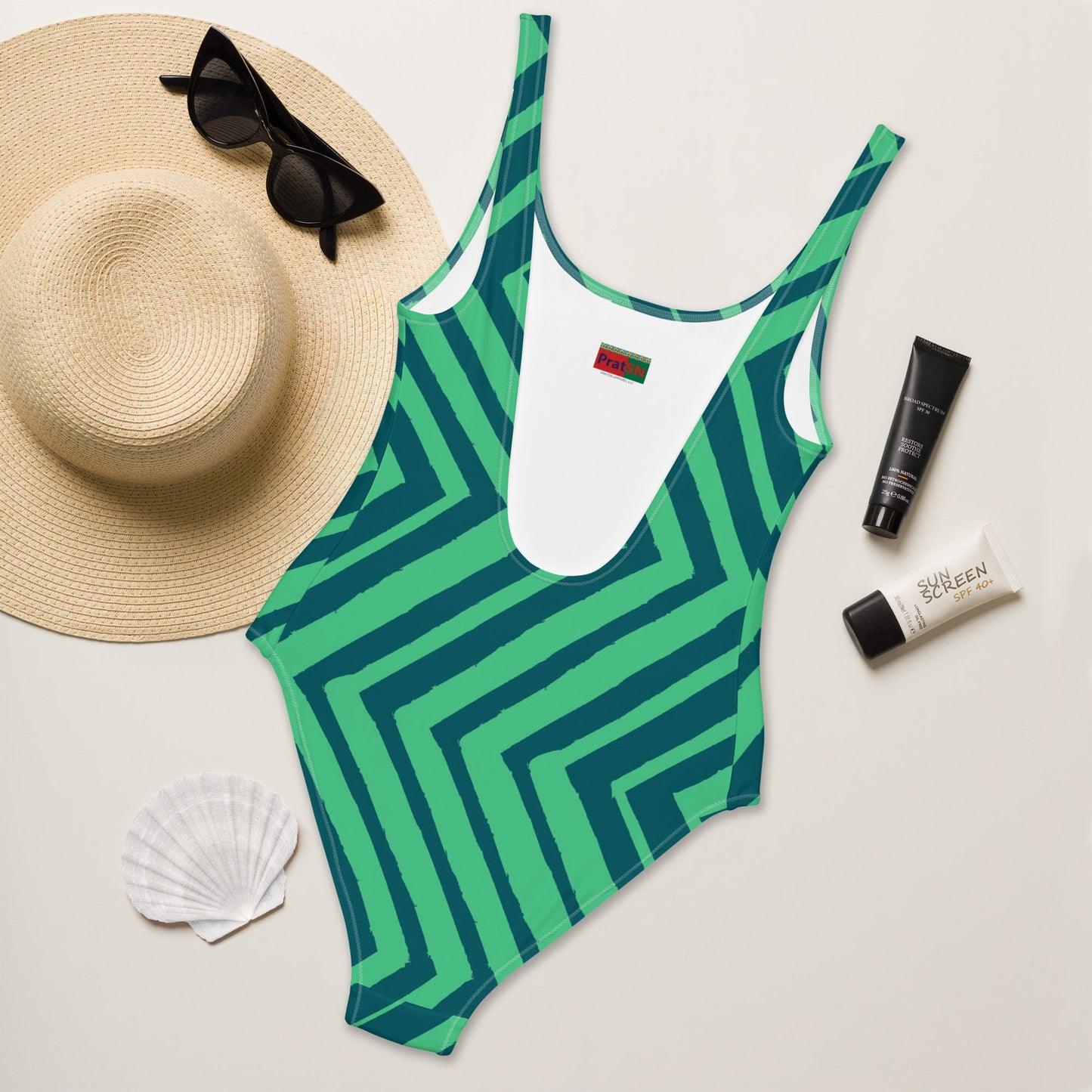 Women's One - Piece Swimsuit, Green zingzags Swimwear, Bathing Suit - PratSN