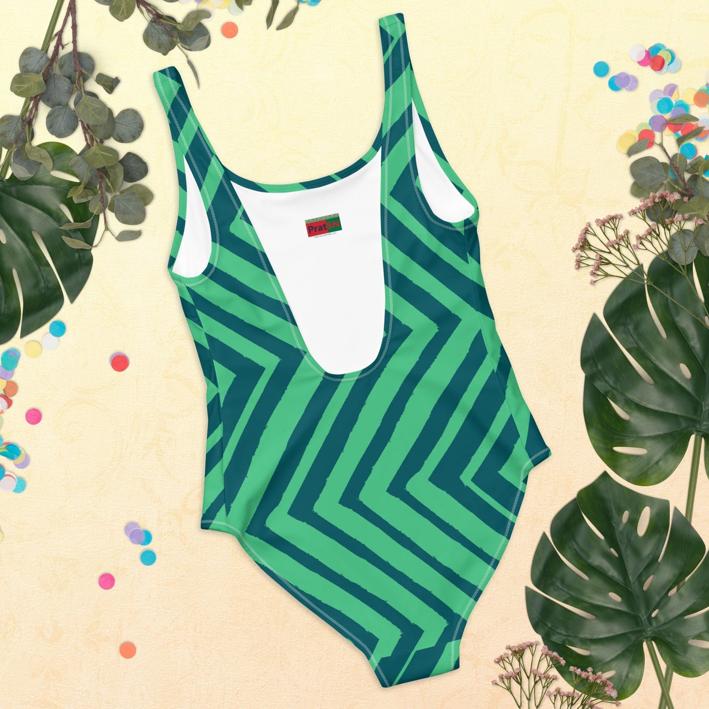 Women's One - Piece Swimsuit, Green zingzags Swimwear, Bathing Suit - PratSN