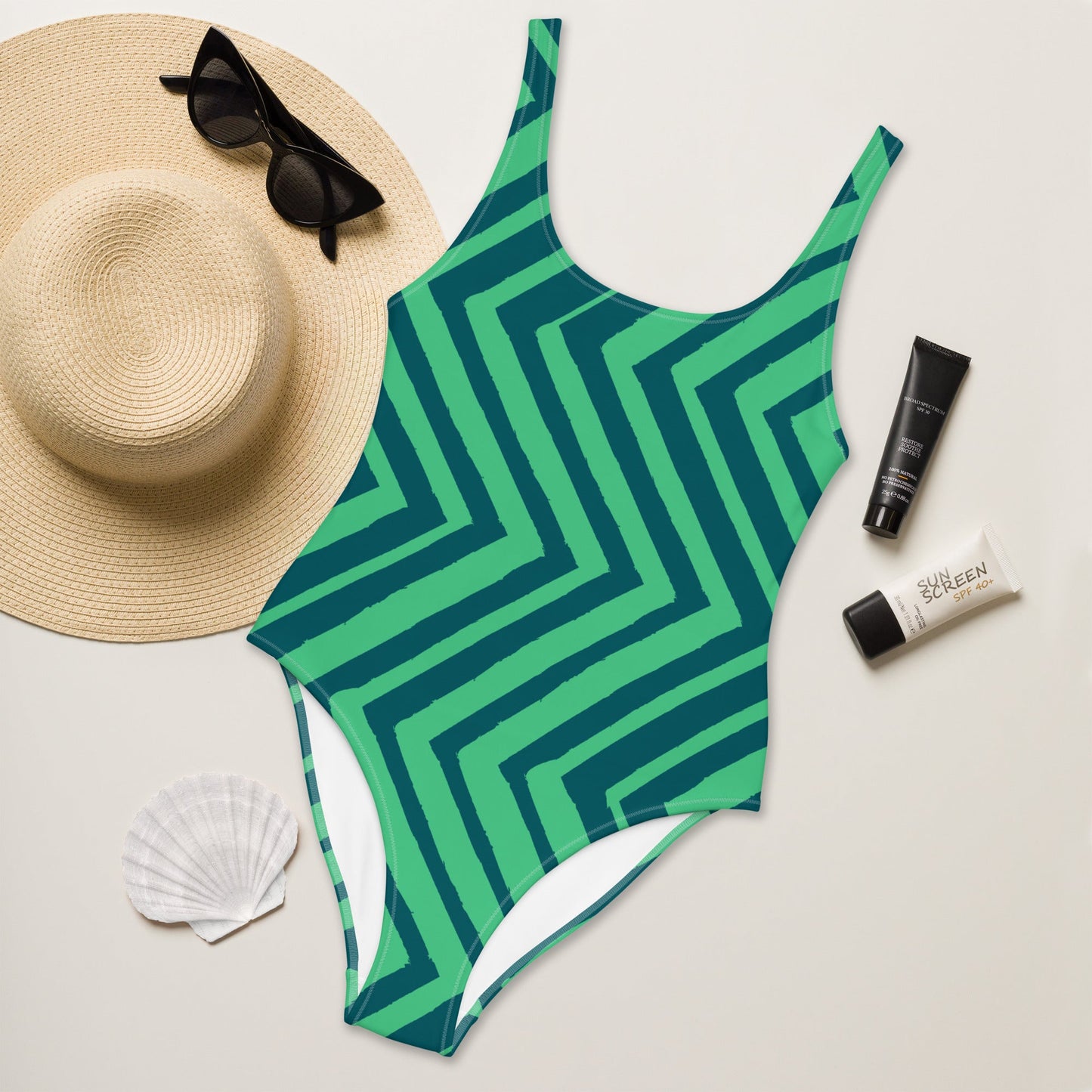 Women's One - Piece Swimsuit, Green zingzags Swimwear, Bathing Suit - PratSN
