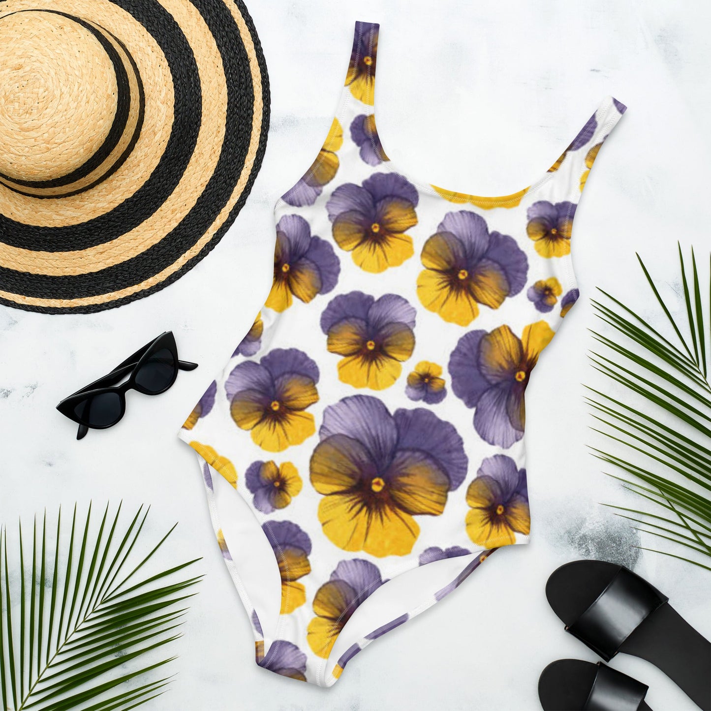 Women's One - Piece Swimsuit, Hawaiian Pattern Swimwear, Floral Whit Purple tankinis, Swimsuit, Beachwear, Bathing Suit - PratSN
