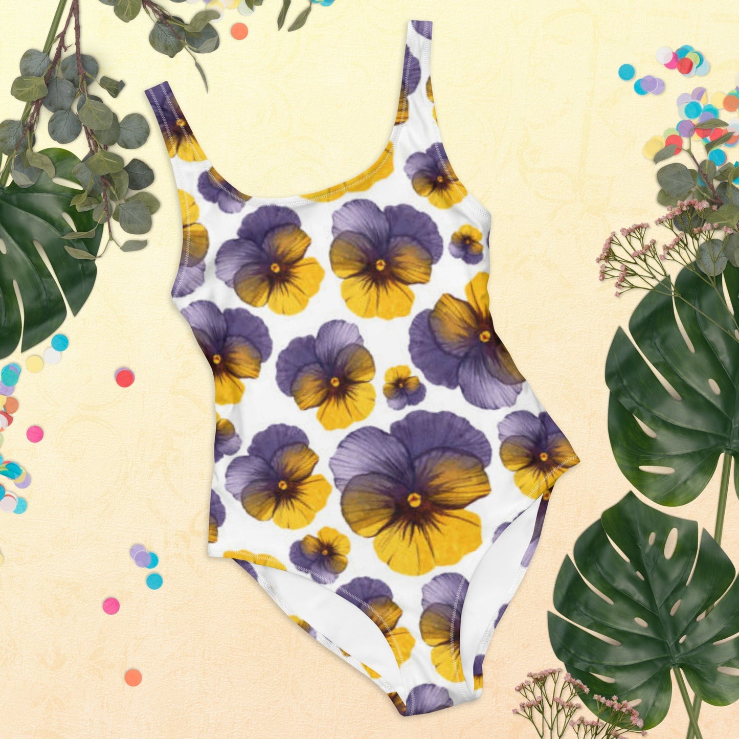 Women's One - Piece Swimsuit, Hawaiian Pattern Swimwear, Floral Whit Purple tankinis, Swimsuit, Beachwear, Bathing Suit - PratSN