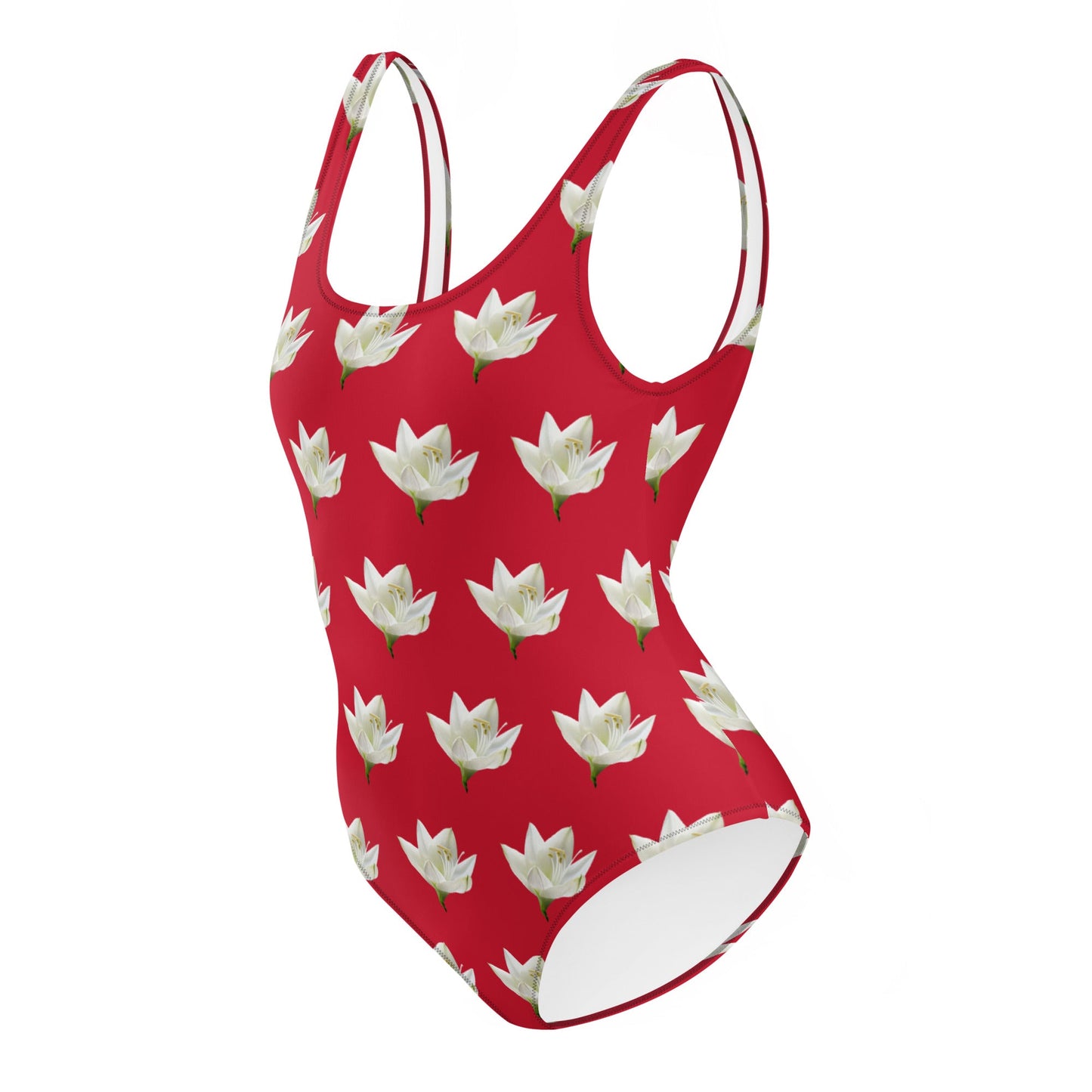Women's One - Piece Swimsuit, Lily Pattern, Red Swimwear, Bathing Suit, Beach Dress - PratSN
