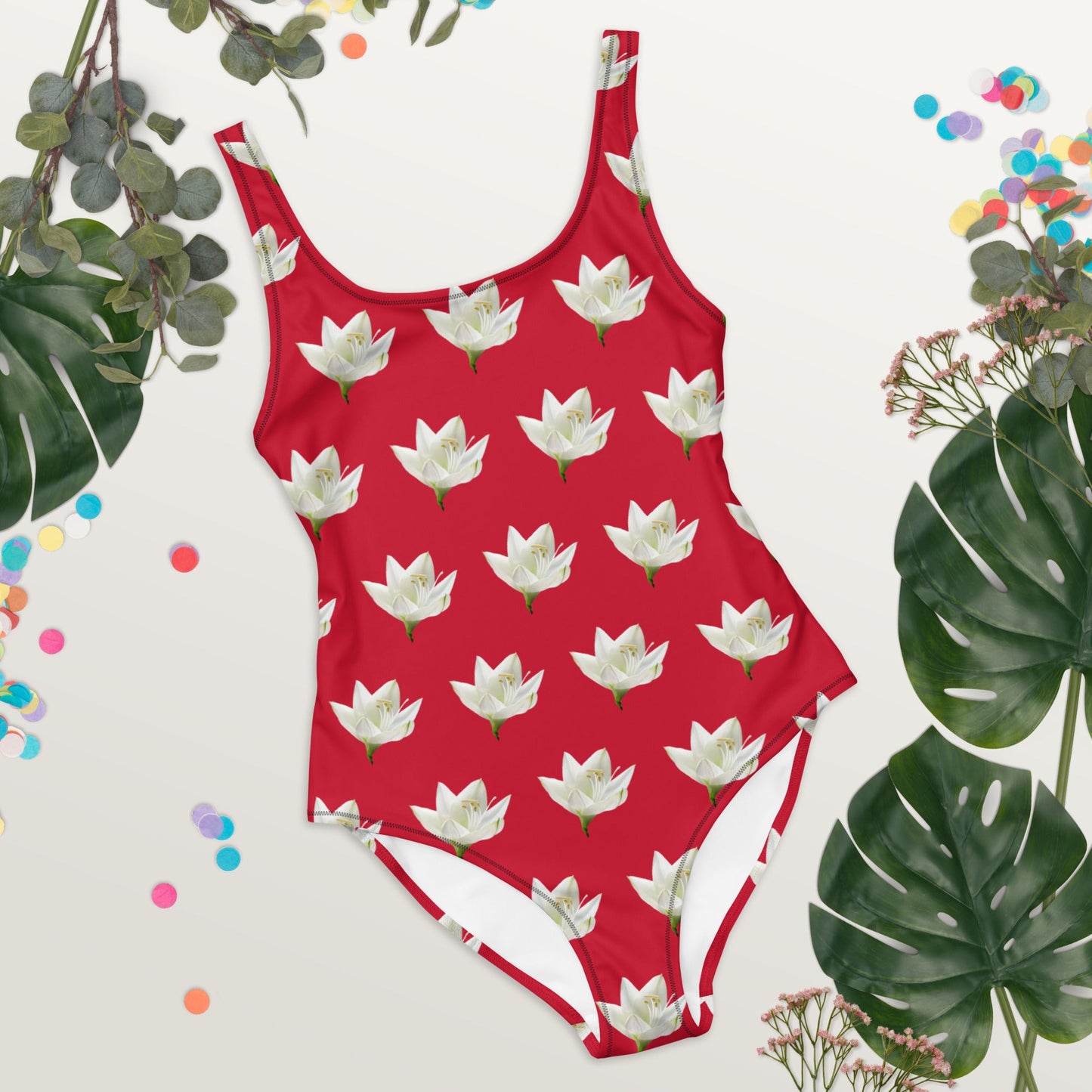 Women's One - Piece Swimsuit, Lily Pattern, Red Swimwear, Bathing Suit, Beach Dress - PratSN