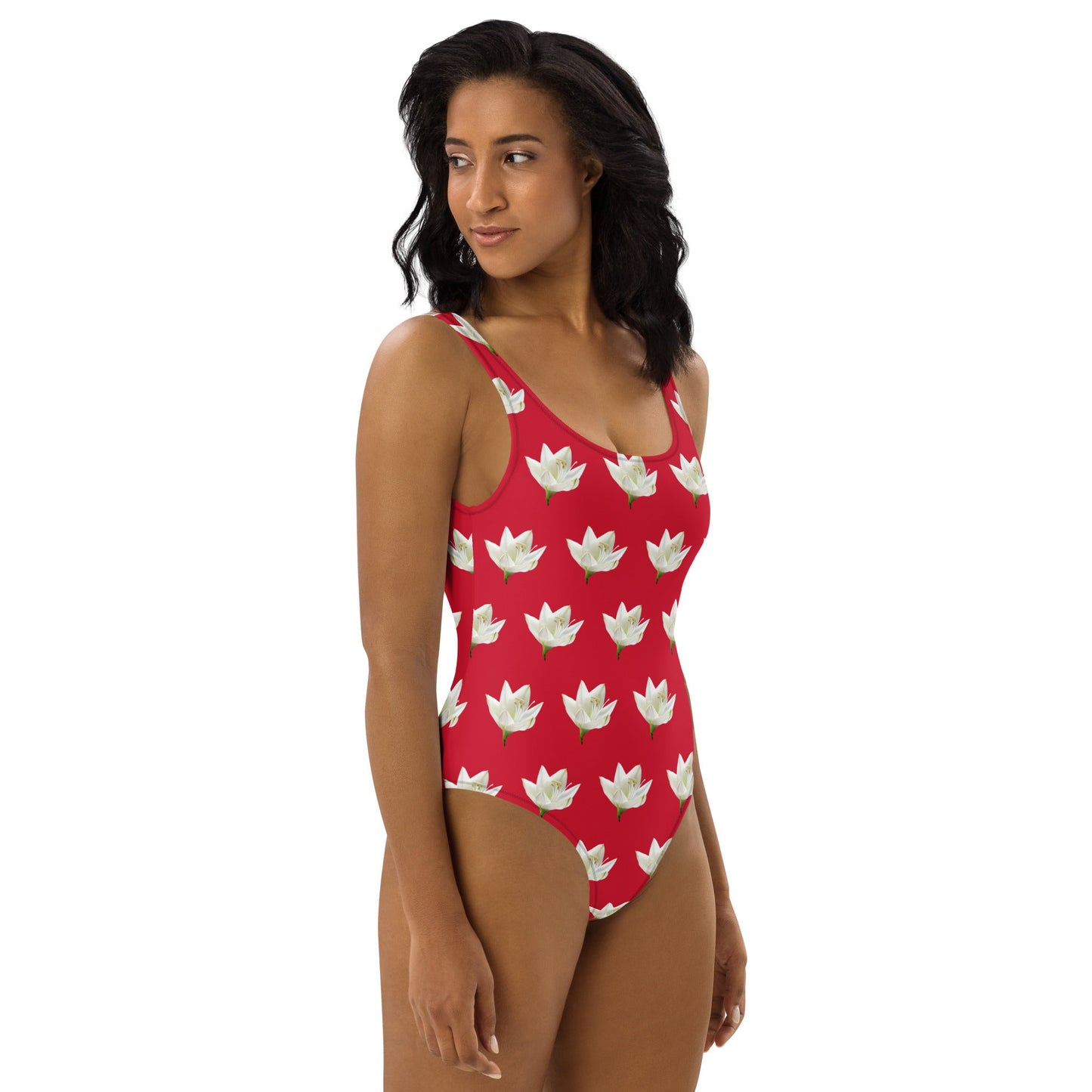 Women's One - Piece Swimsuit, Lily Pattern, Red Swimwear, Bathing Suit, Beach Dress - PratSN