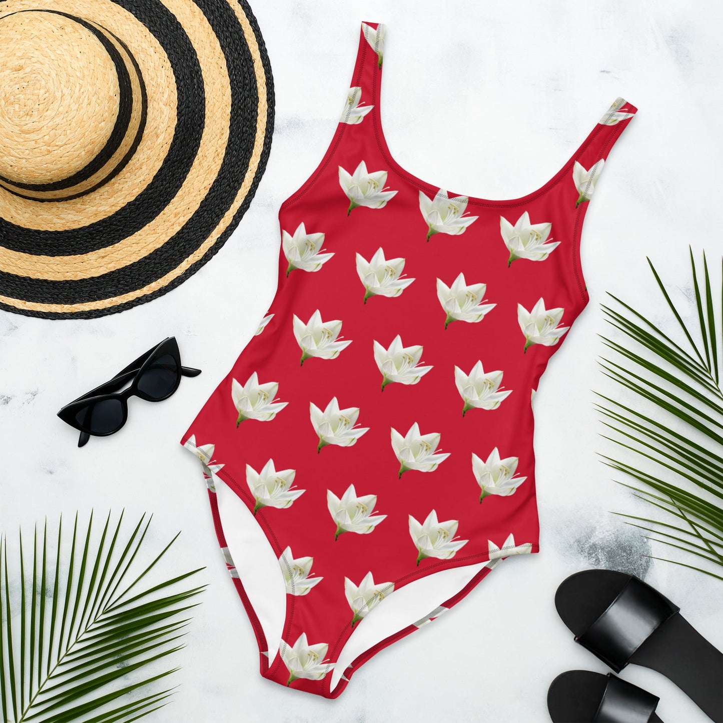 Women's One - Piece Swimsuit, Lily Pattern, Red Swimwear, Bathing Suit, Beach Dress - PratSN