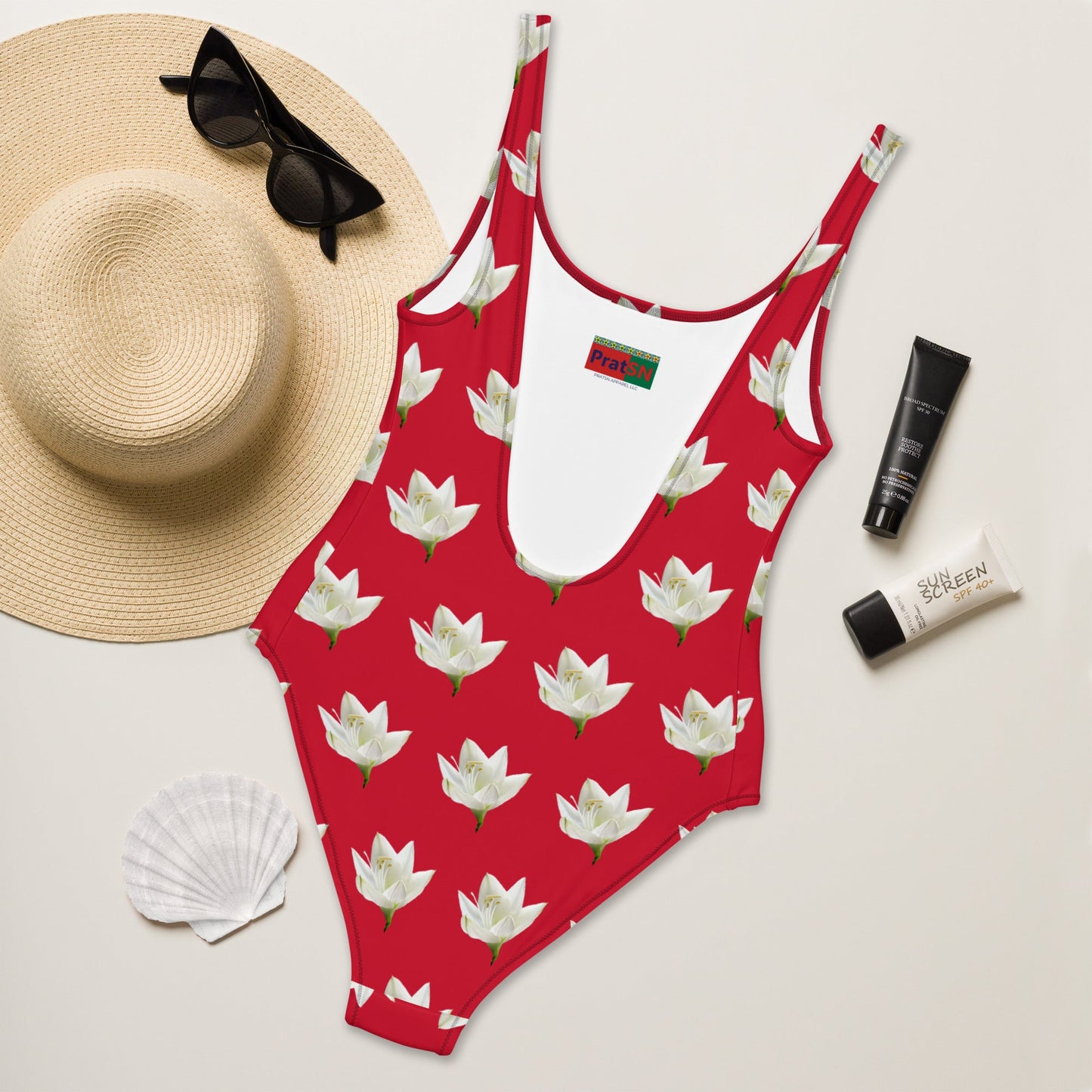 Women's One - Piece Swimsuit, Lily Pattern, Red Swimwear, Bathing Suit, Beach Dress - PratSN