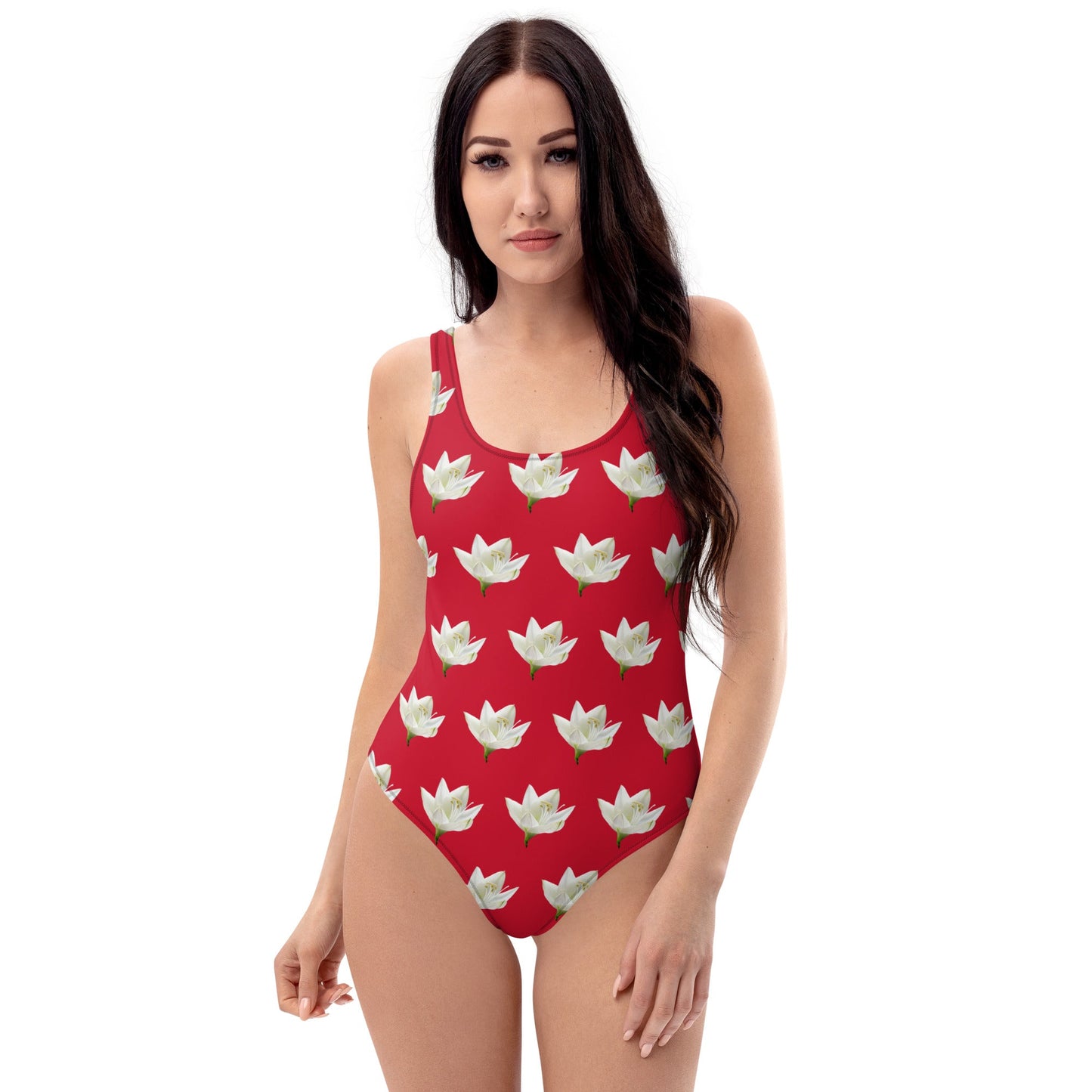 Women's One - Piece Swimsuit, Lily Pattern, Red Swimwear, Bathing Suit, Beach Dress - PratSN