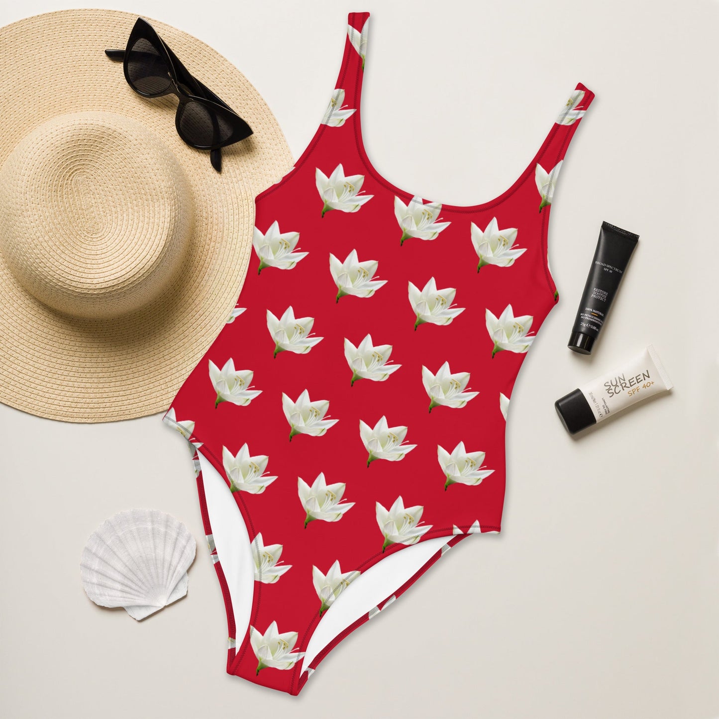 Women's One - Piece Swimsuit, Lily Pattern, Red Swimwear, Bathing Suit, Beach Dress - PratSN