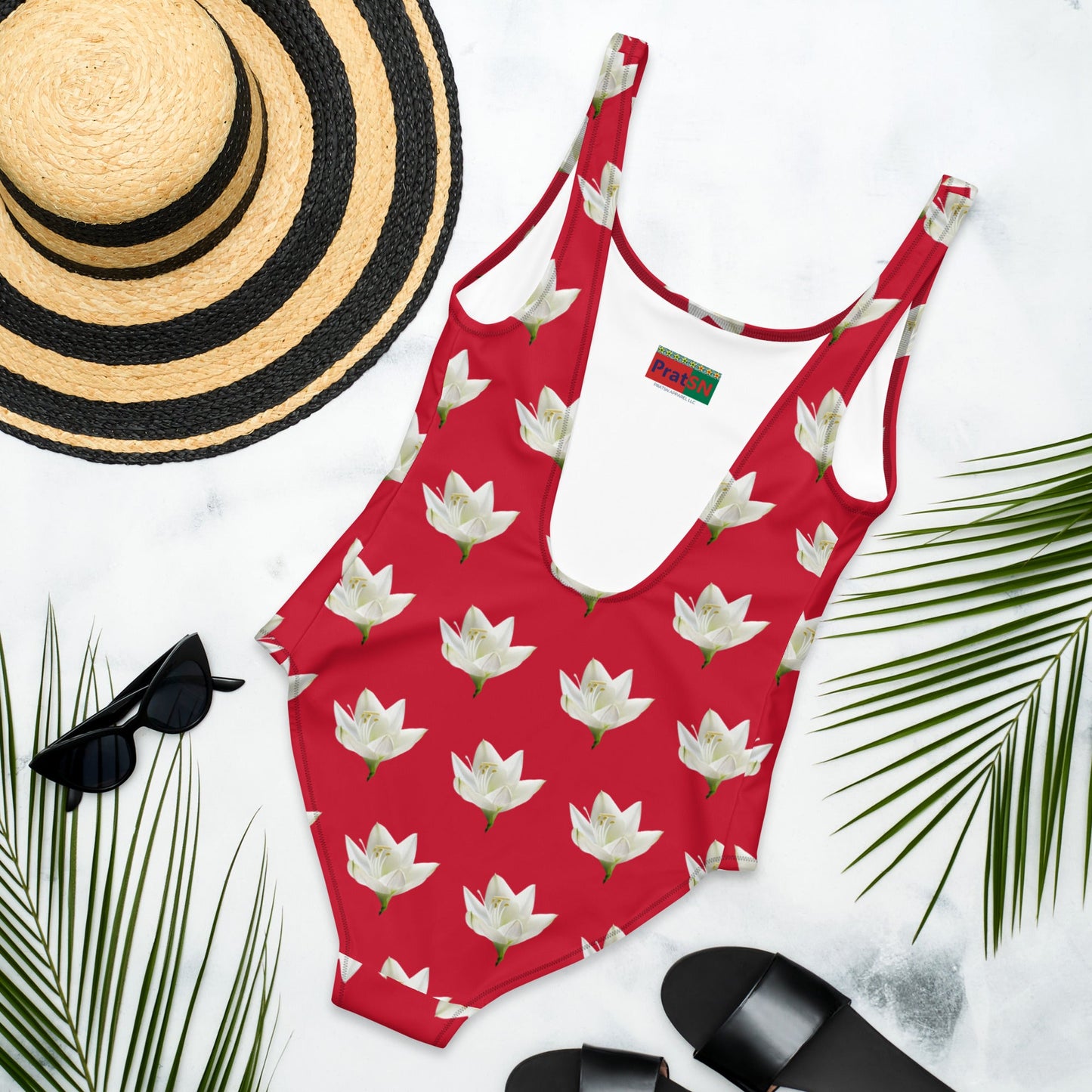 Women's One - Piece Swimsuit, Lily Pattern, Red Swimwear, Bathing Suit, Beach Dress - PratSN