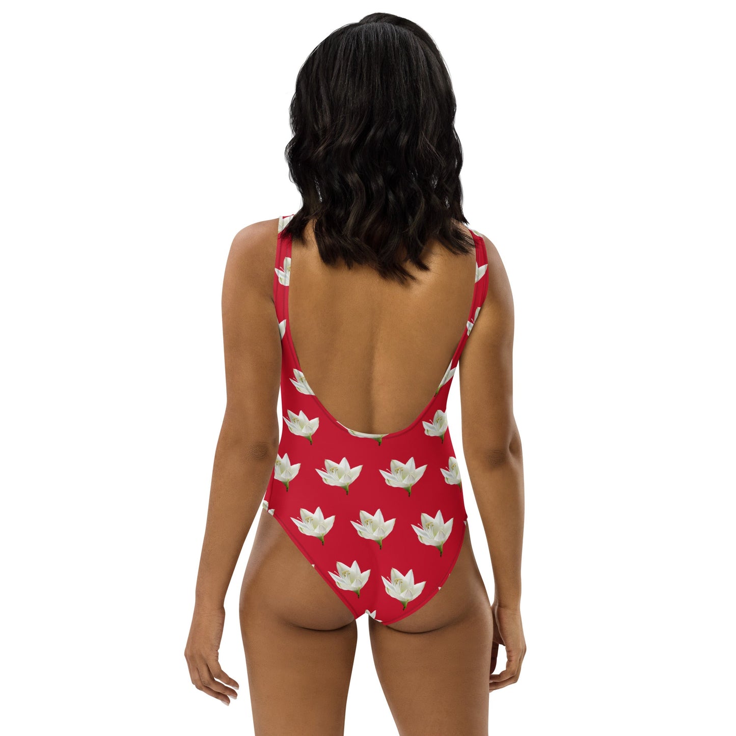 Women's One - Piece Swimsuit, Lily Pattern, Red Swimwear, Bathing Suit, Beach Dress - PratSN