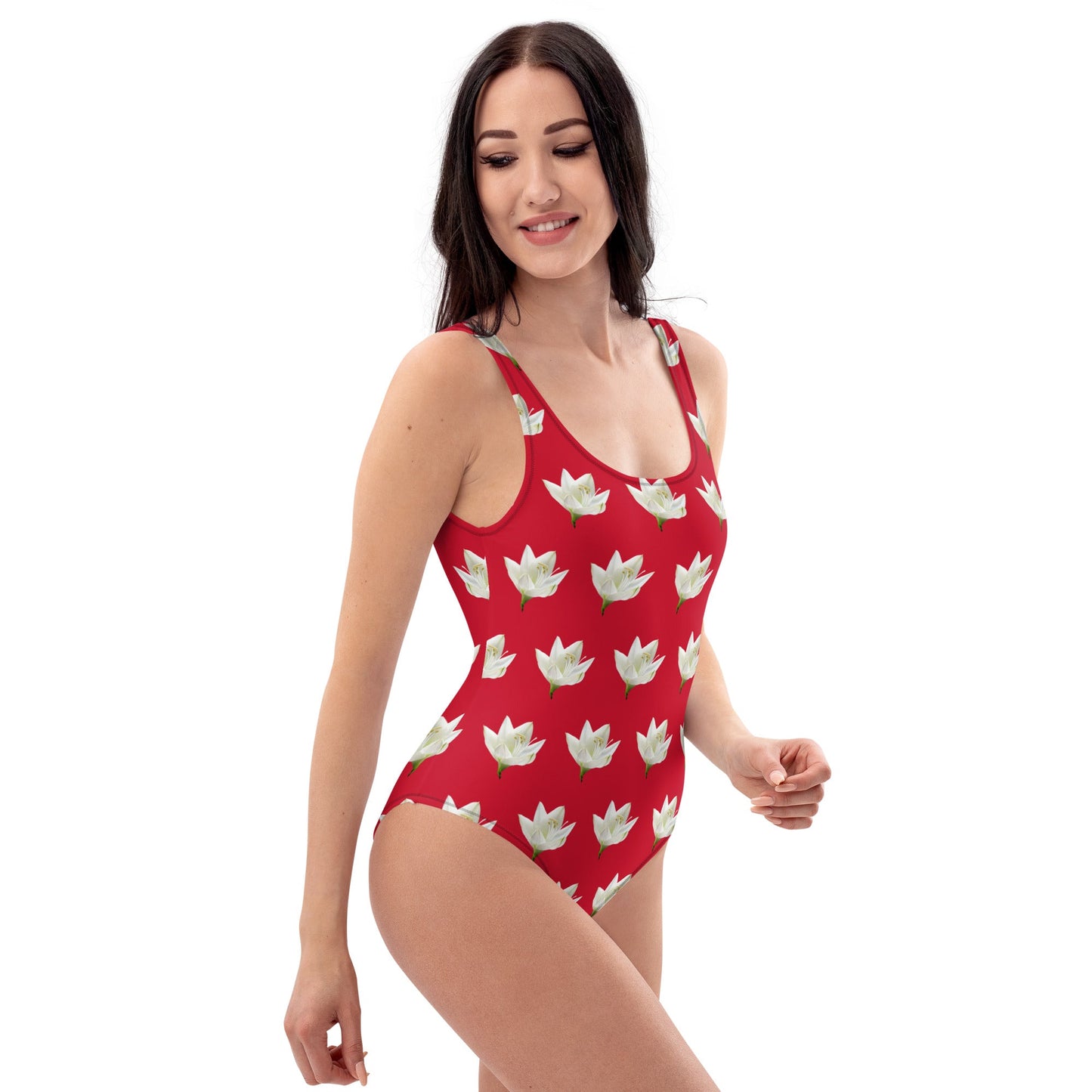 Women's One - Piece Swimsuit, Lily Pattern, Red Swimwear, Bathing Suit, Beach Dress - PratSN