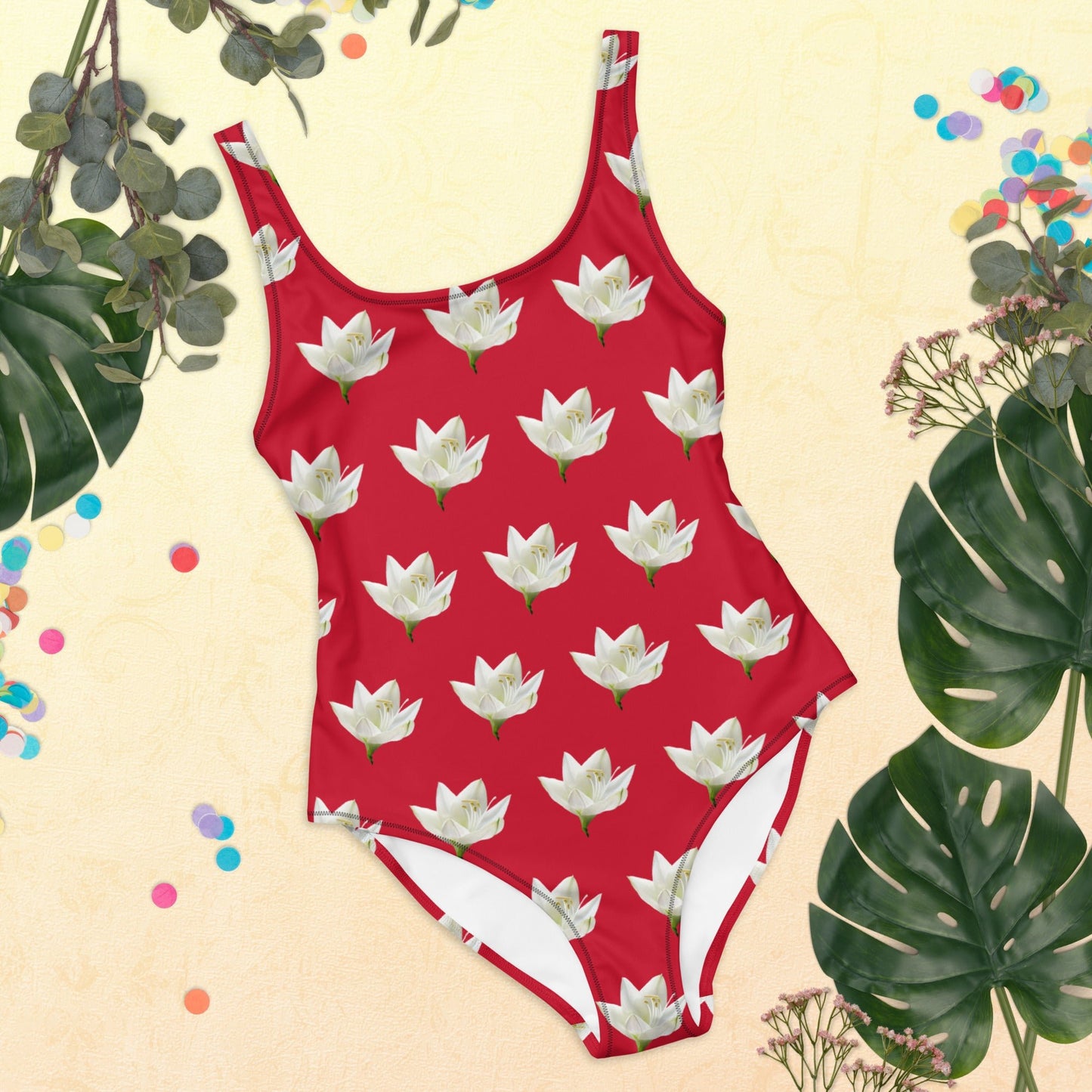 Women's One - Piece Swimsuit, Lily Pattern, Red Swimwear, Bathing Suit, Beach Dress - PratSN