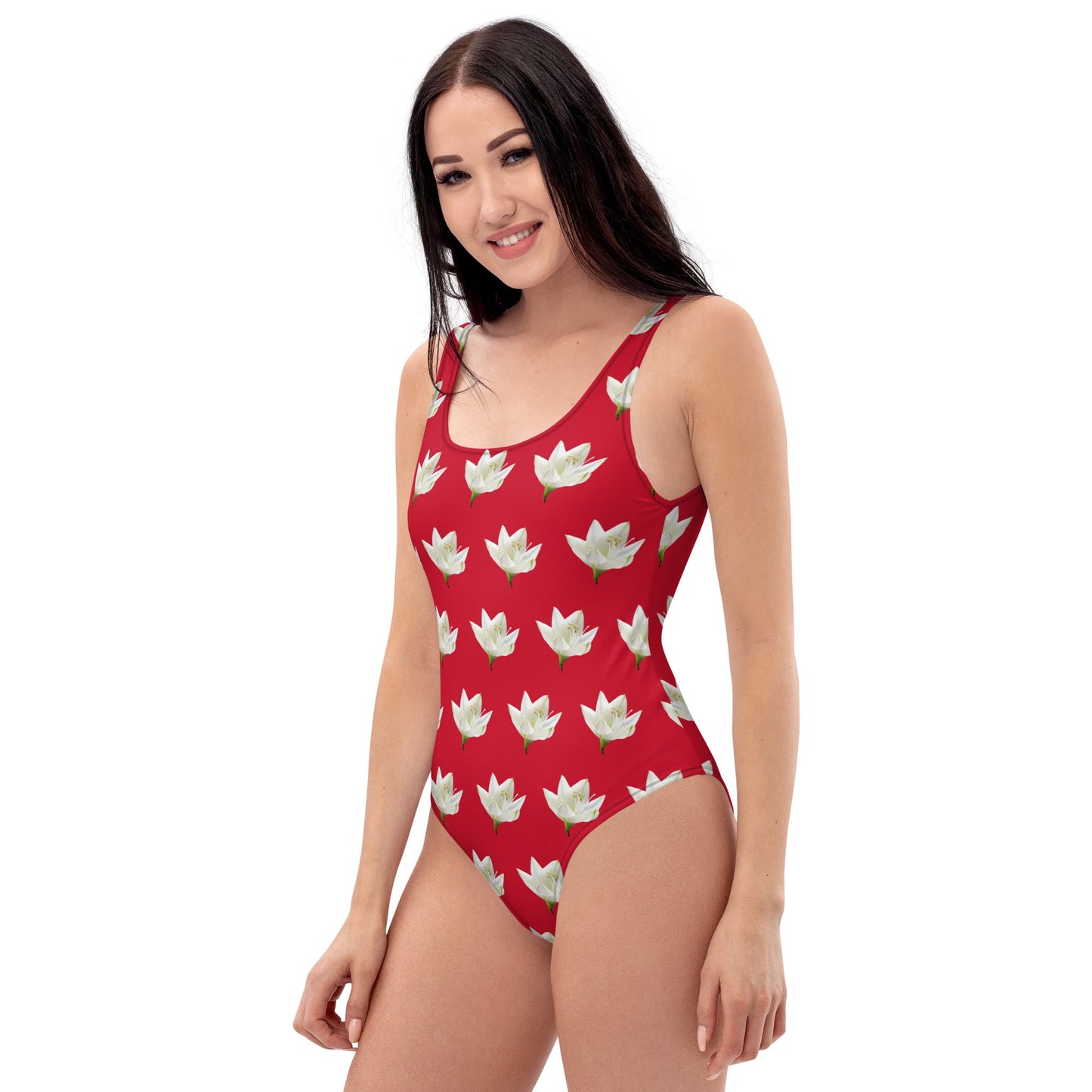 Women's One - Piece Swimsuit, Lily Pattern, Red Swimwear, Bathing Suit, Beach Dress - PratSN