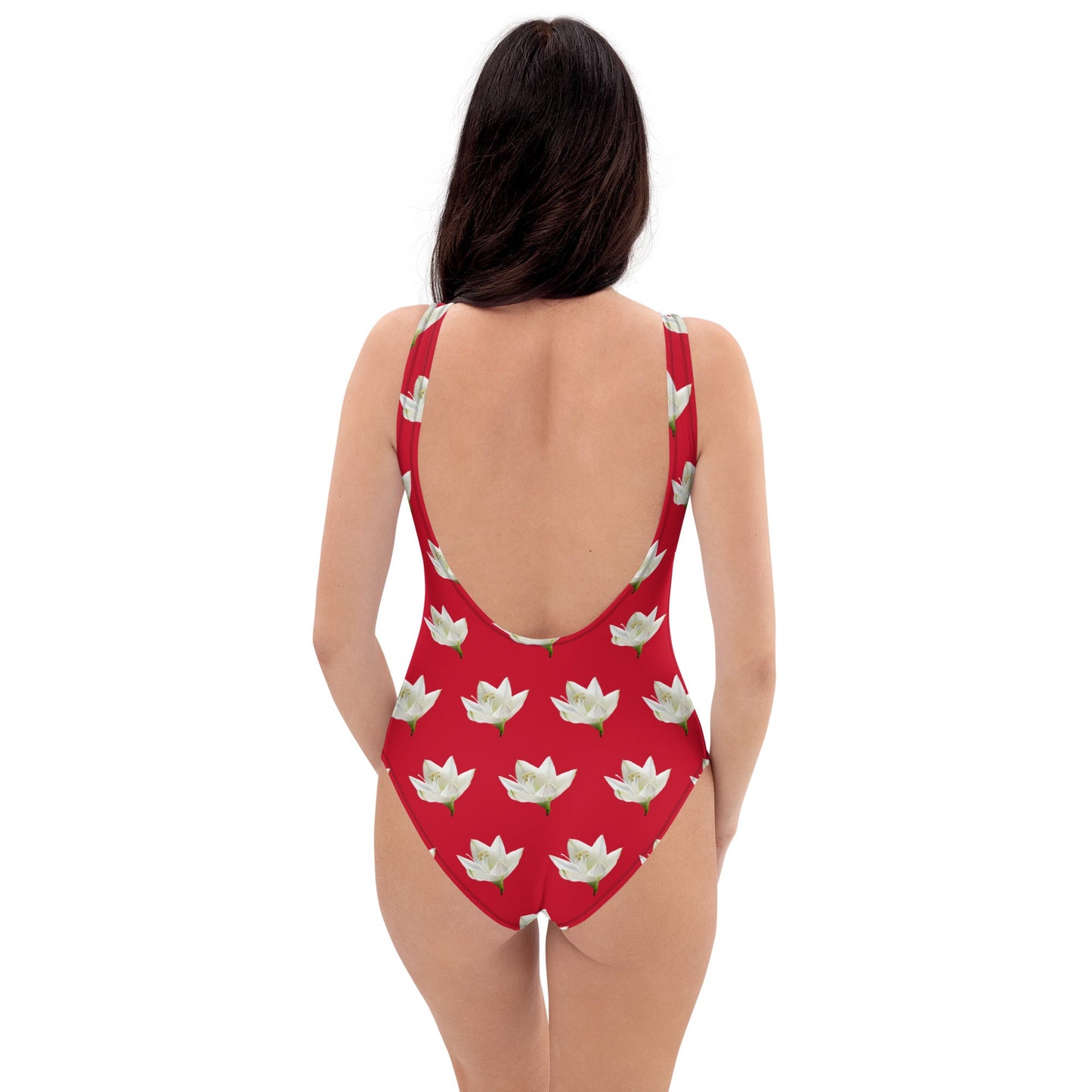 Women's One - Piece Swimsuit, Lily Pattern, Red Swimwear, Bathing Suit, Beach Dress - PratSN