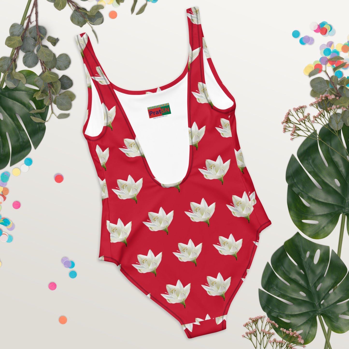 Women's One - Piece Swimsuit, Lily Pattern, Red Swimwear, Bathing Suit, Beach Dress - PratSN