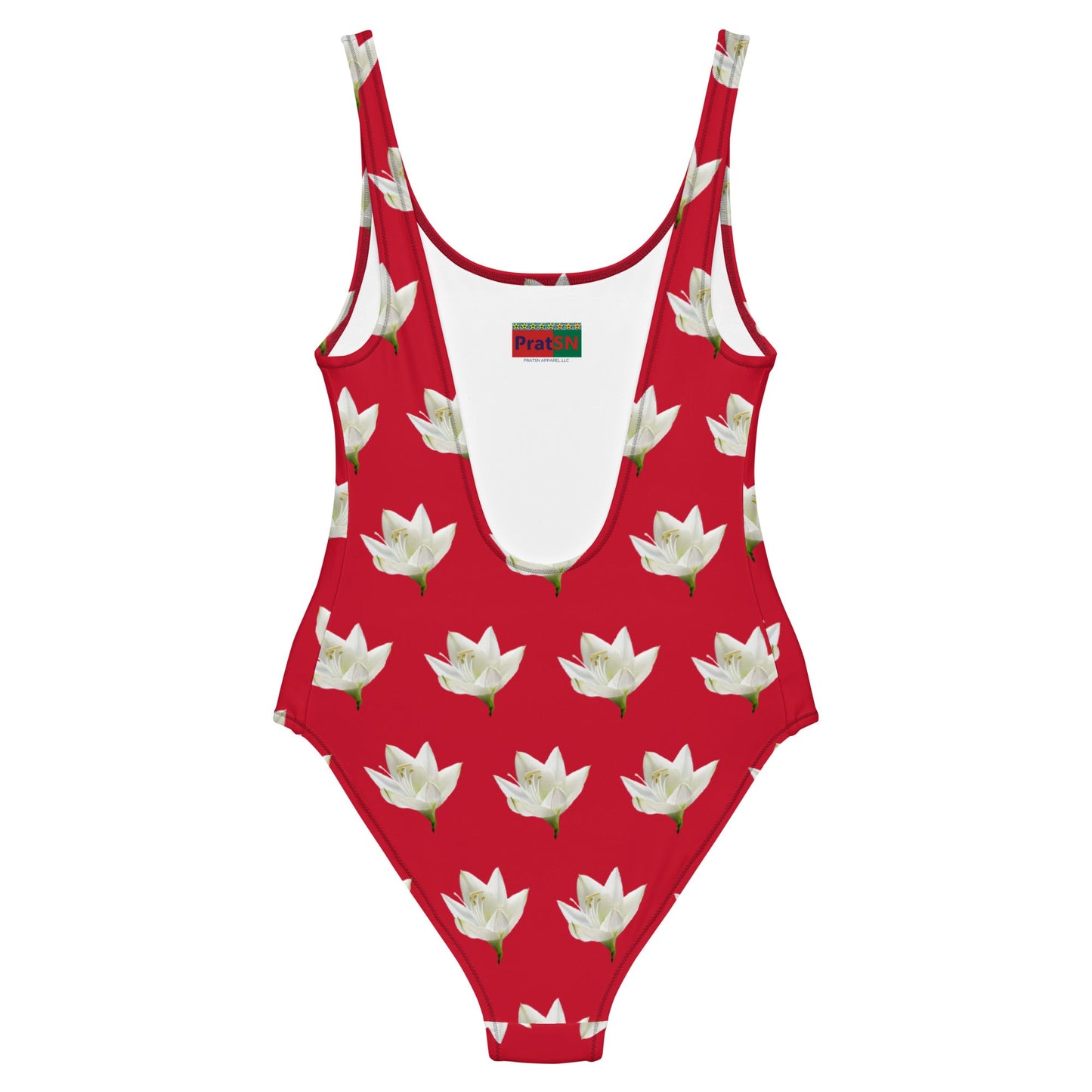 Women's One - Piece Swimsuit, Lily Pattern, Red Swimwear, Bathing Suit, Beach Dress - PratSN