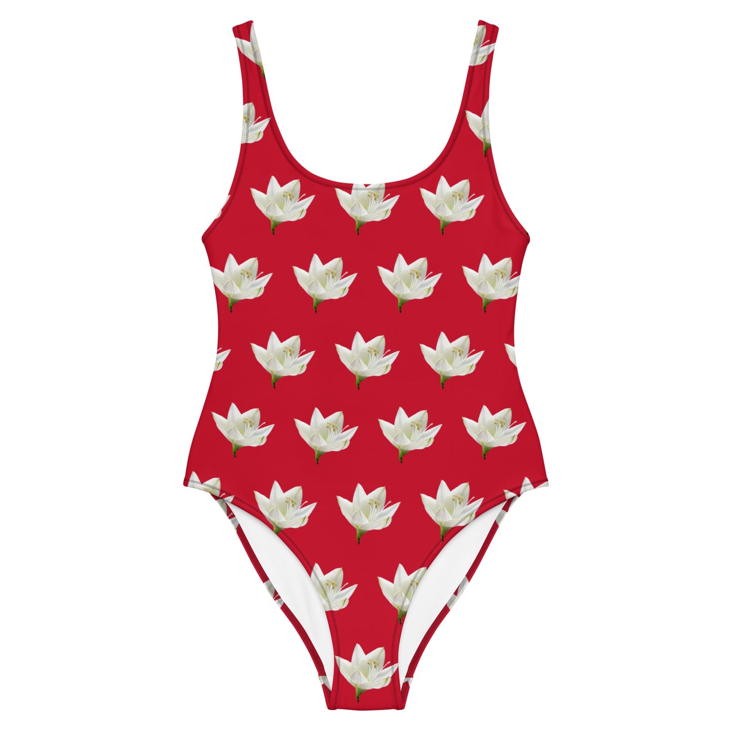 Women's One - Piece Swimsuit, Lily Pattern, Red Swimwear, Bathing Suit, Beach Dress - PratSN