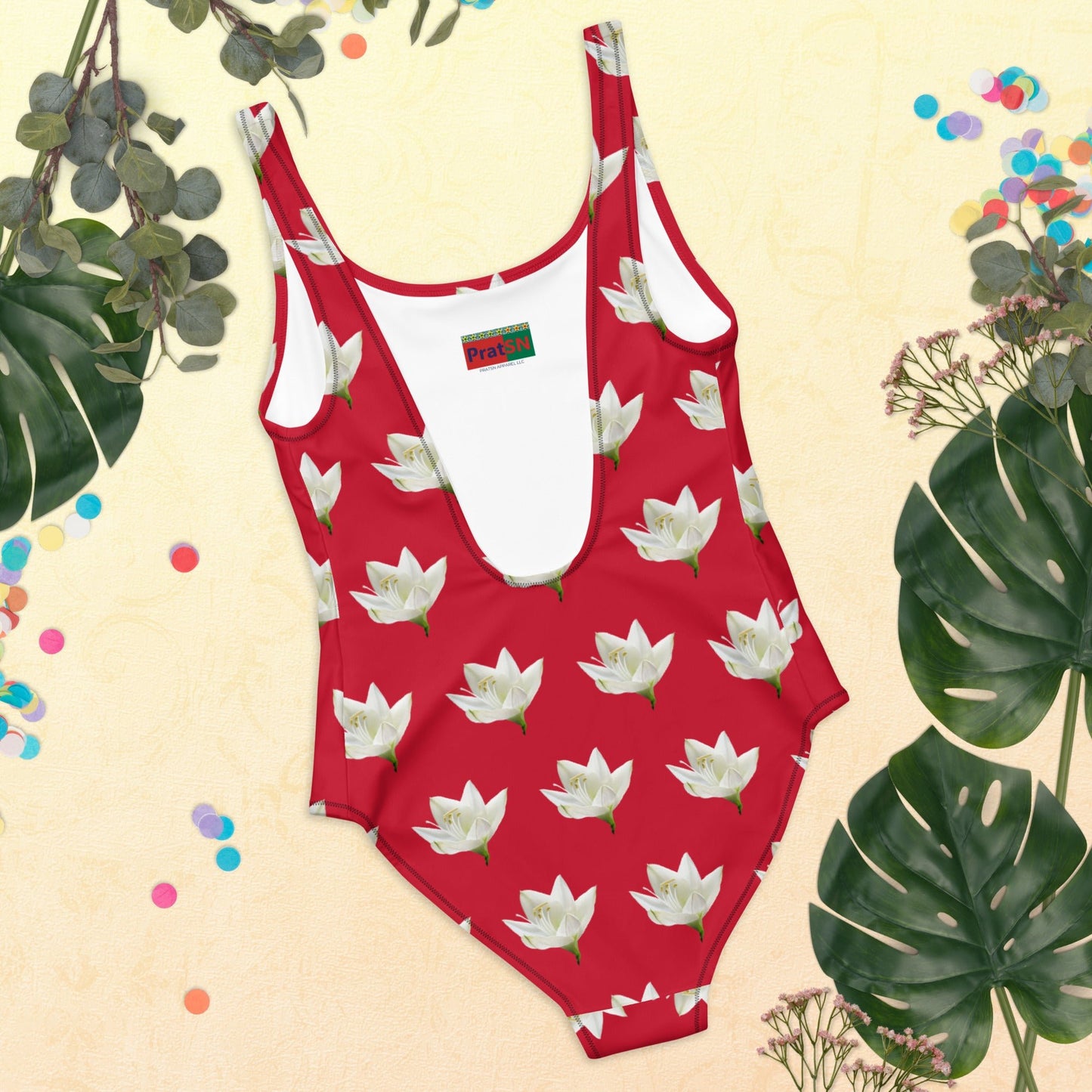 Women's One - Piece Swimsuit, Lily Pattern, Red Swimwear, Bathing Suit, Beach Dress - PratSN